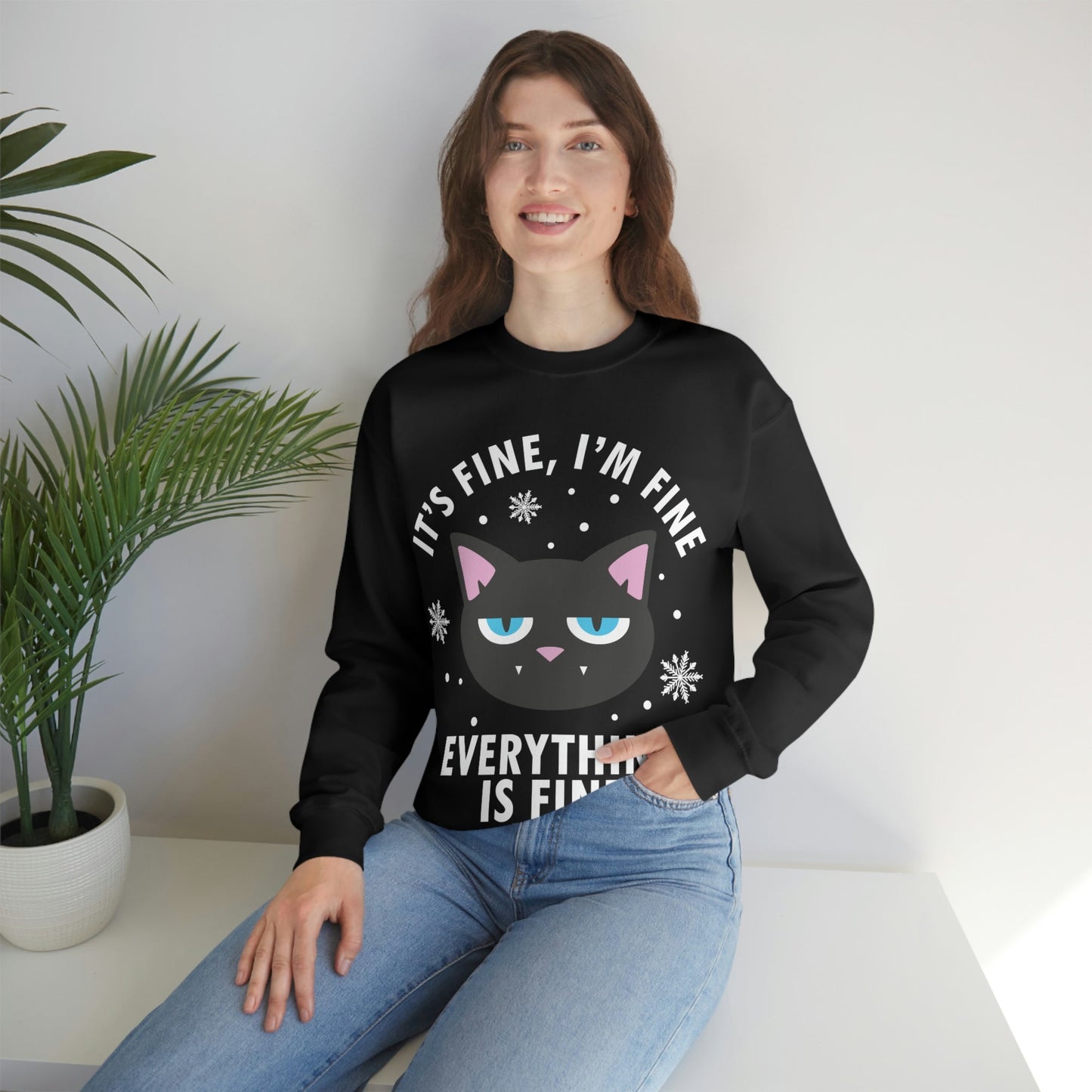 I Am Fine Everything is Fine Funny Cat Meme Quotes White Text Unisex Heavy Blend™ Crewneck Sweatshirt Ichaku [Perfect Gifts Selection]