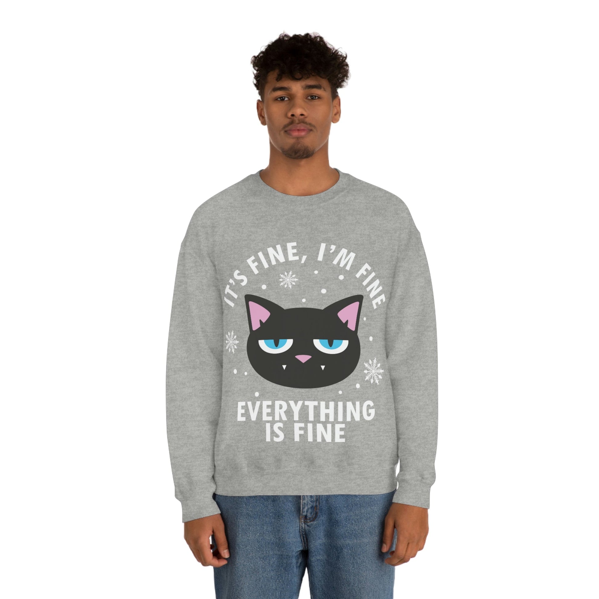 I Am Fine Everything is Fine Funny Cat Meme Quotes White Text Unisex Heavy Blend™ Crewneck Sweatshirt Ichaku [Perfect Gifts Selection]