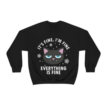 I Am Fine Everything is Fine Funny Cat Meme Quotes White Text Unisex Heavy Blend™ Crewneck Sweatshirt Ichaku [Perfect Gifts Selection]