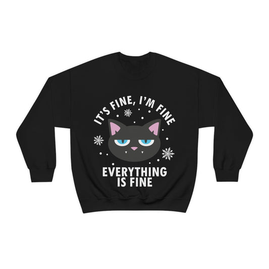 I Am Fine Everything is Fine Funny Cat Meme Quotes White Text Unisex Heavy Blend™ Crewneck Sweatshirt Ichaku [Perfect Gifts Selection]