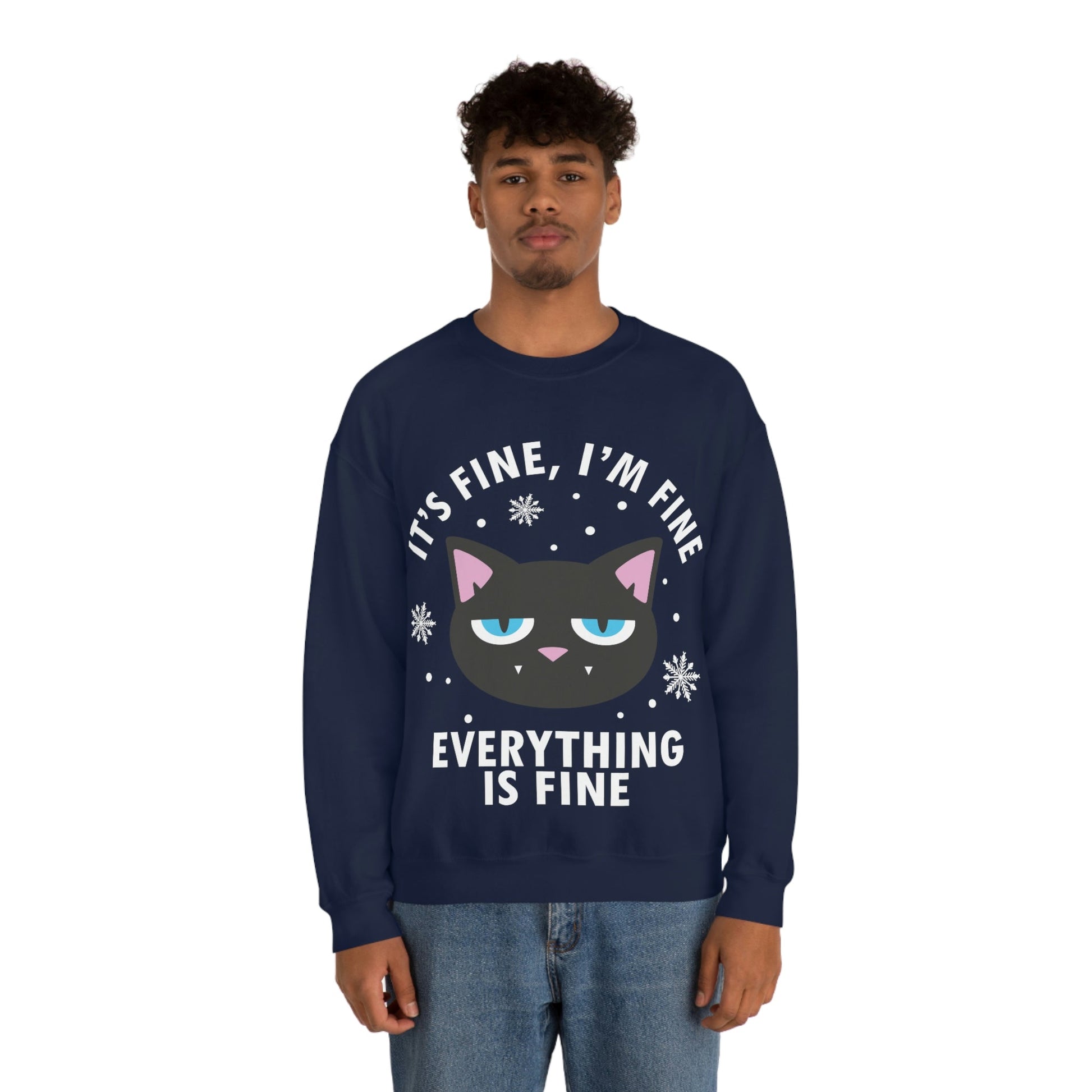 I Am Fine Everything is Fine Funny Cat Meme Quotes White Text Unisex Heavy Blend™ Crewneck Sweatshirt Ichaku [Perfect Gifts Selection]