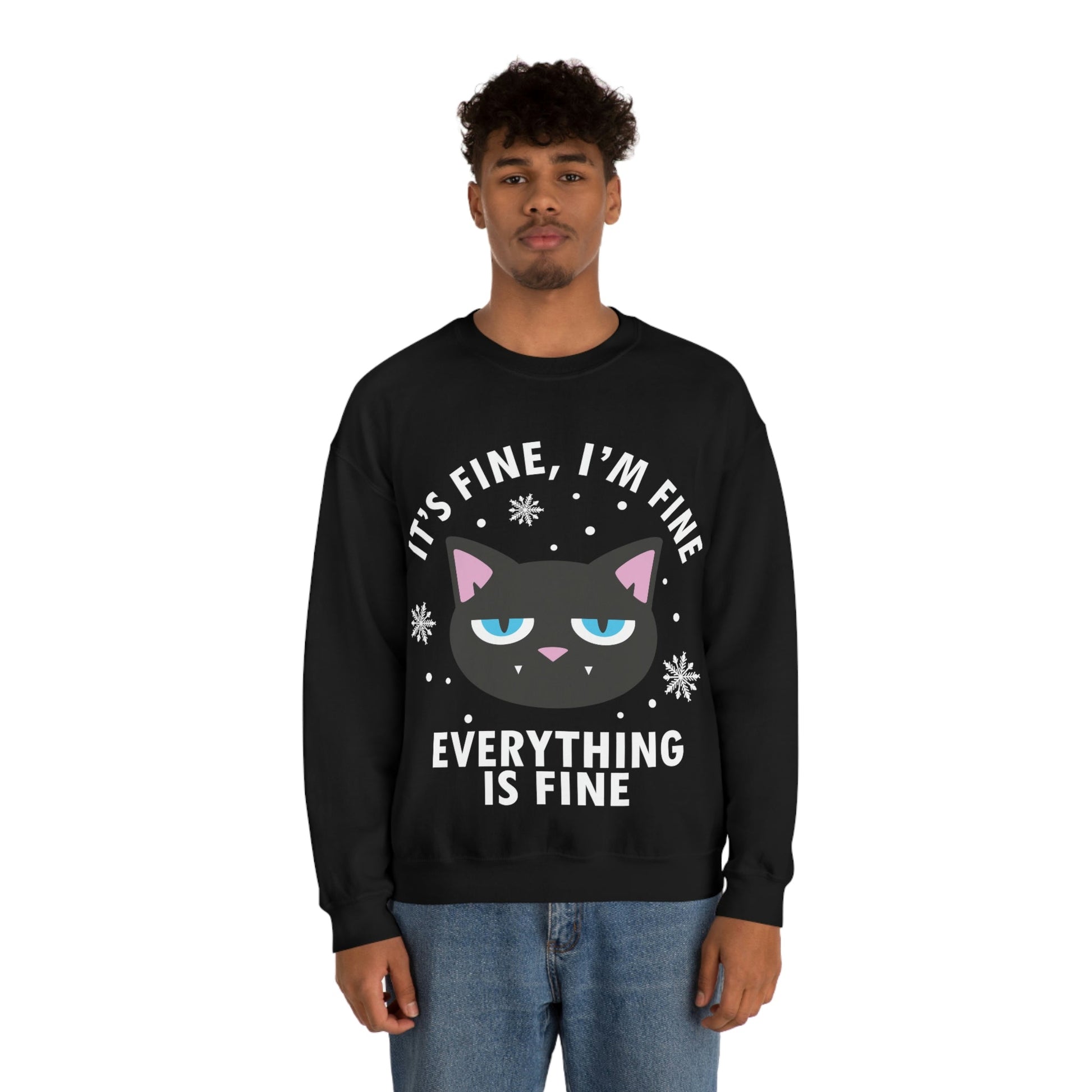 I Am Fine Everything is Fine Funny Cat Meme Quotes White Text Unisex Heavy Blend™ Crewneck Sweatshirt Ichaku [Perfect Gifts Selection]