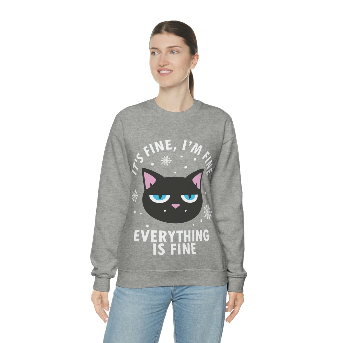 I Am Fine Everything is Fine Funny Cat Meme Quotes White Text Unisex Heavy Blend™ Crewneck Sweatshirt Ichaku [Perfect Gifts Selection]