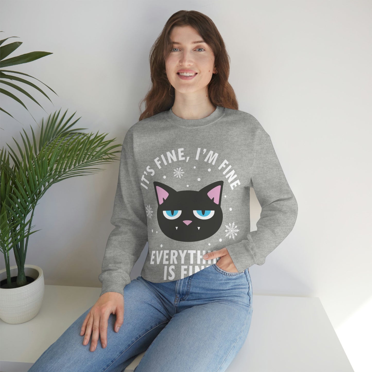 I Am Fine Everything is Fine Funny Cat Meme Quotes White Text Unisex Heavy Blend™ Crewneck Sweatshirt Ichaku [Perfect Gifts Selection]