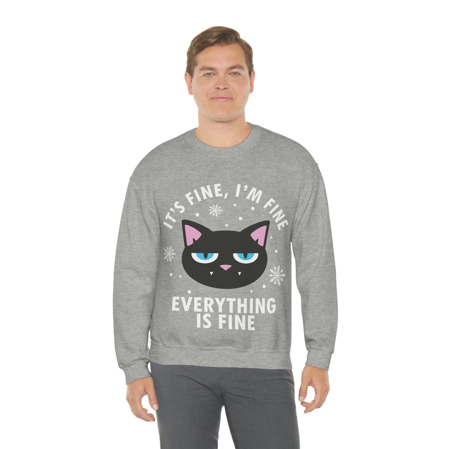 I Am Fine Everything is Fine Funny Cat Meme Quotes White Text Unisex Heavy Blend™ Crewneck Sweatshirt Ichaku [Perfect Gifts Selection]