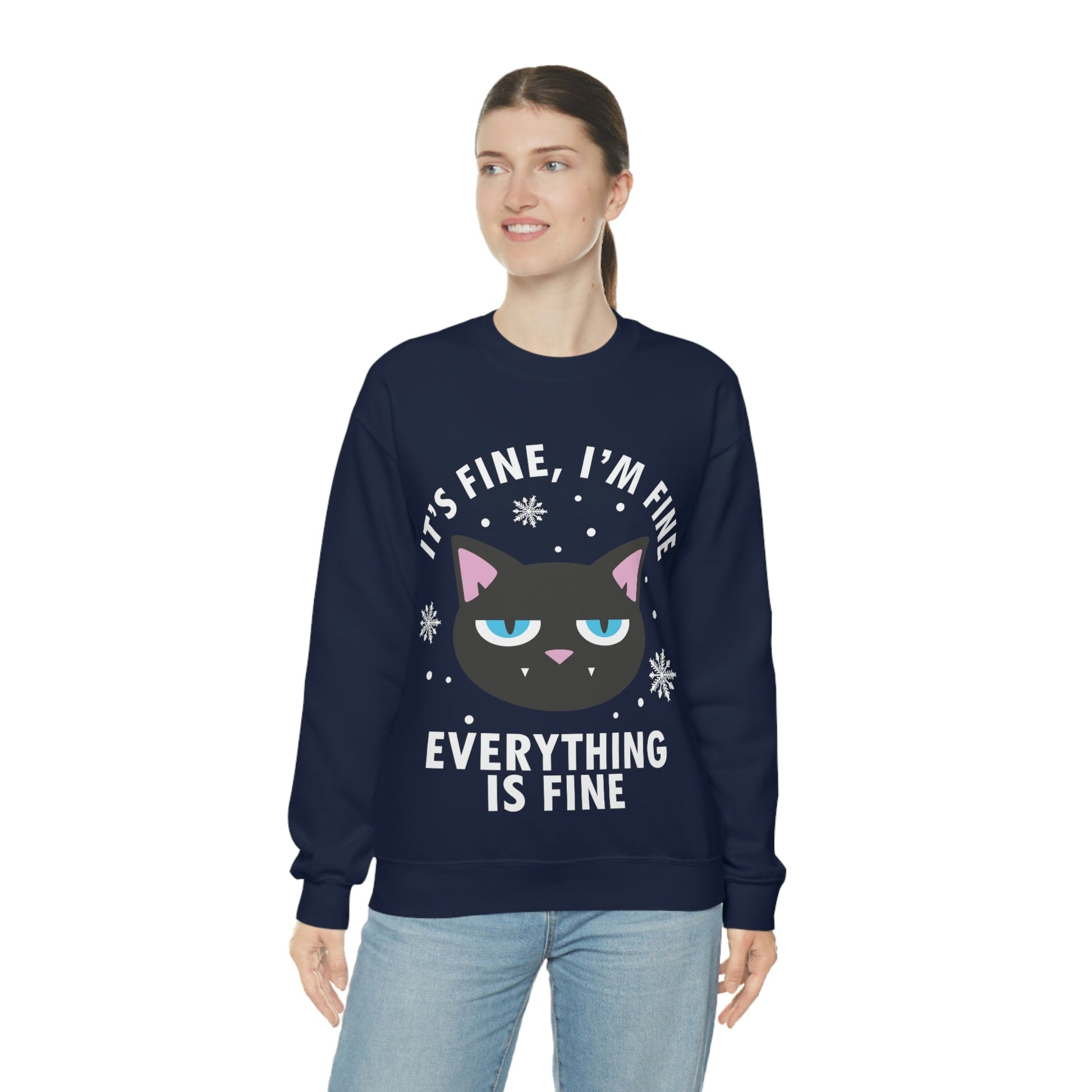 I Am Fine Everything is Fine Funny Cat Meme Quotes White Text Unisex Heavy Blend™ Crewneck Sweatshirt Ichaku [Perfect Gifts Selection]