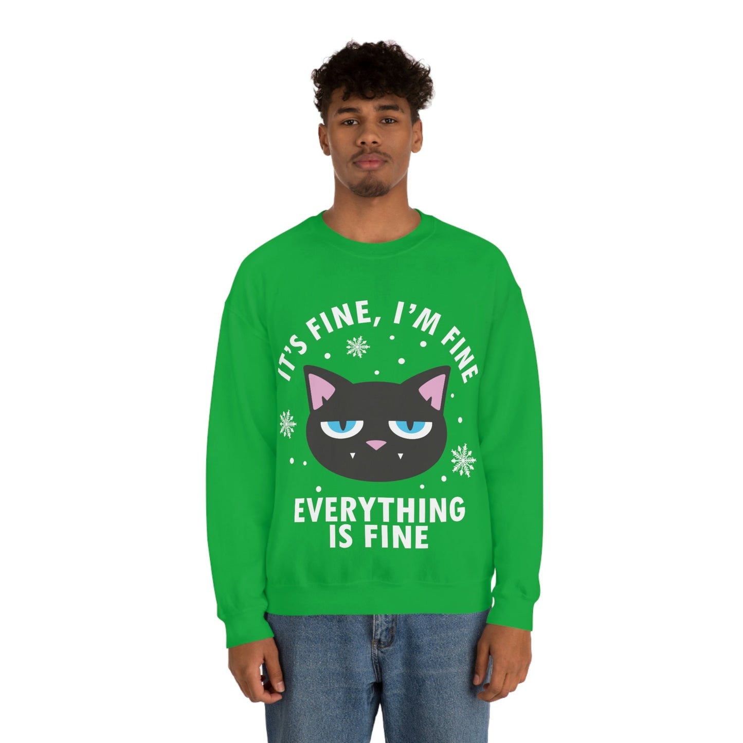 I Am Fine Everything is Fine Funny Cat Meme Quotes White Text Unisex Heavy Blend™ Crewneck Sweatshirt Ichaku [Perfect Gifts Selection]