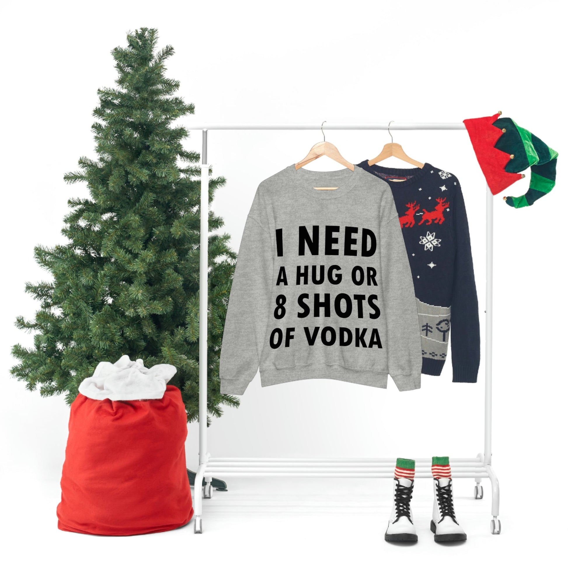 I Need a Hug or 8 Shorts of Vodka Bar Lovers Slogans Black Text Unisex Heavy Blend™ Crewneck Sweatshirt Ichaku [Perfect Gifts Selection]