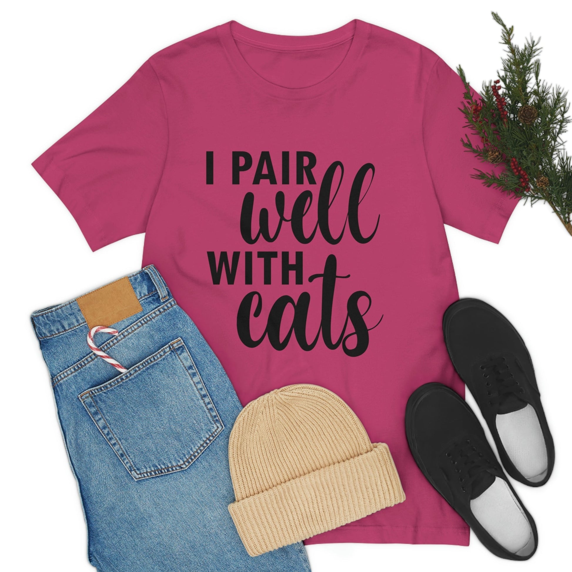 I Pair Well With Cats Funny Cat Meme Quotes Unisex Jersey Short Sleeve T-Shirt Ichaku [Perfect Gifts Selection]