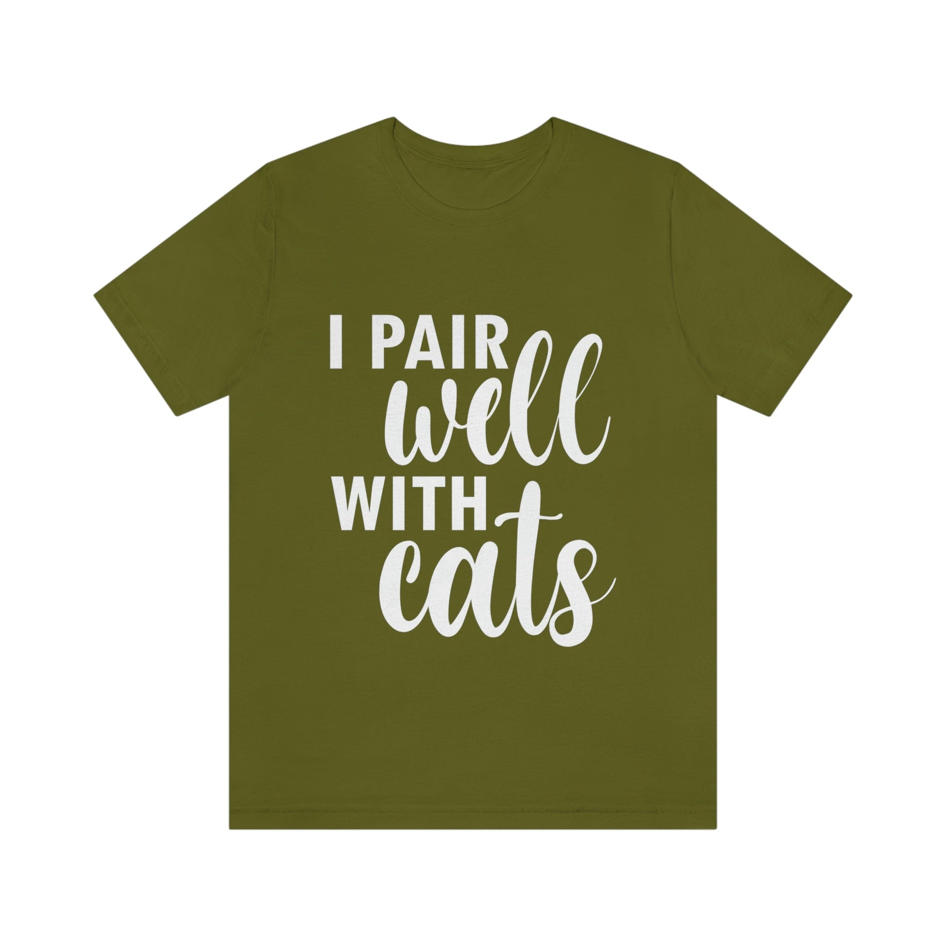 I Pair Well With Cats Funny Cat Meme Quotes White Text Unisex Jersey Short Sleeve T-Shirt Ichaku [Perfect Gifts Selection]