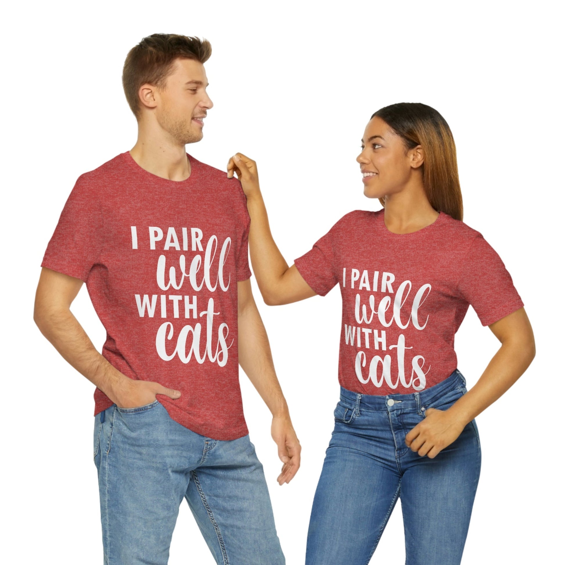 I Pair Well With Cats Funny Cat Meme Quotes White Text Unisex Jersey Short Sleeve T-Shirt Ichaku [Perfect Gifts Selection]