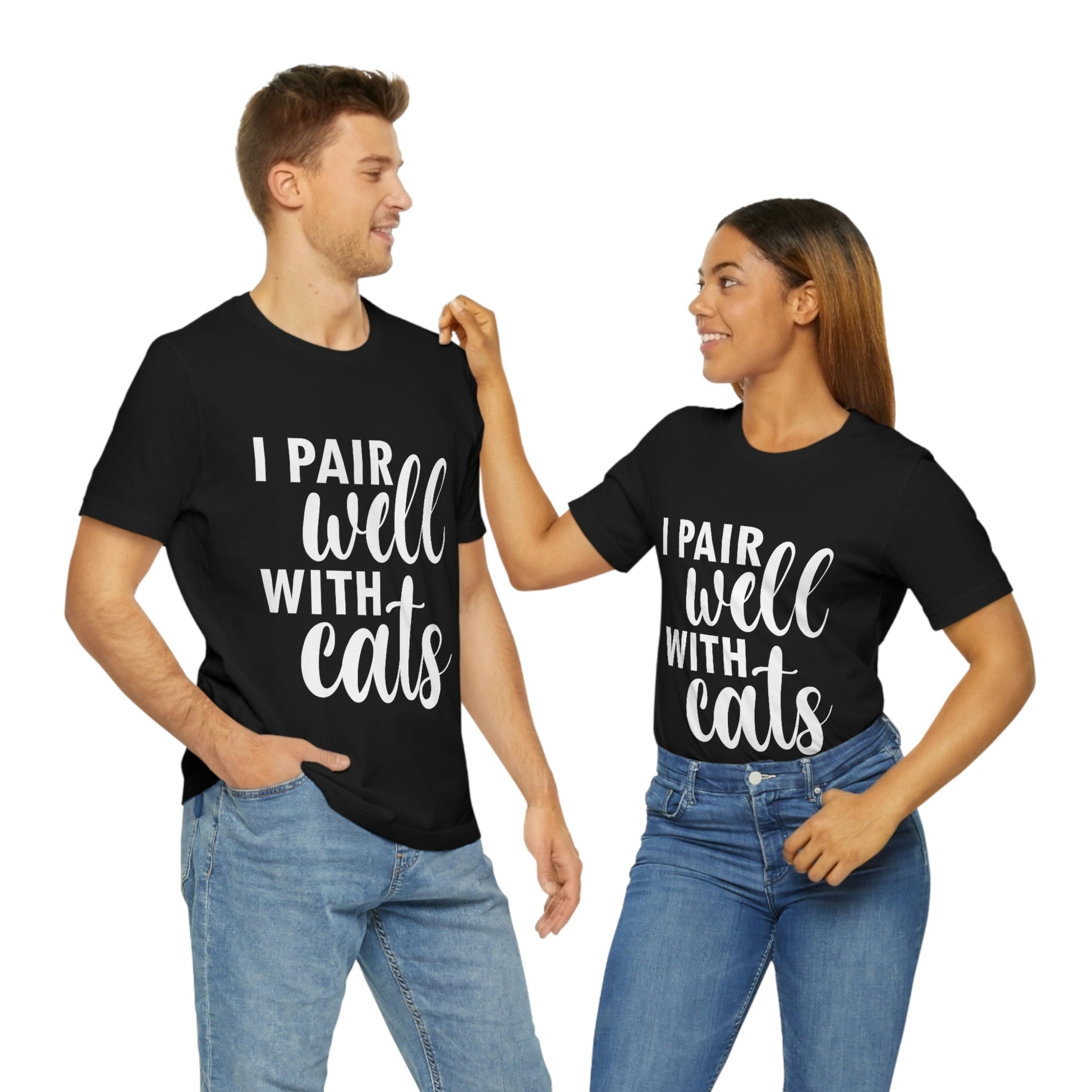 I Pair Well With Cats Funny Cat Meme Quotes White Text Unisex Jersey Short Sleeve T-Shirt Ichaku [Perfect Gifts Selection]