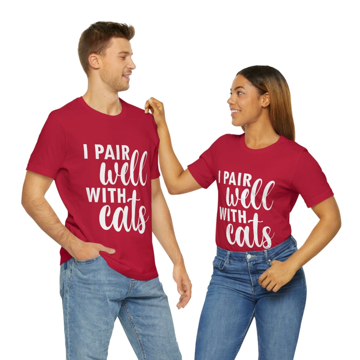 I Pair Well With Cats Funny Cat Meme Quotes White Text Unisex Jersey Short Sleeve T-Shirt Ichaku [Perfect Gifts Selection]