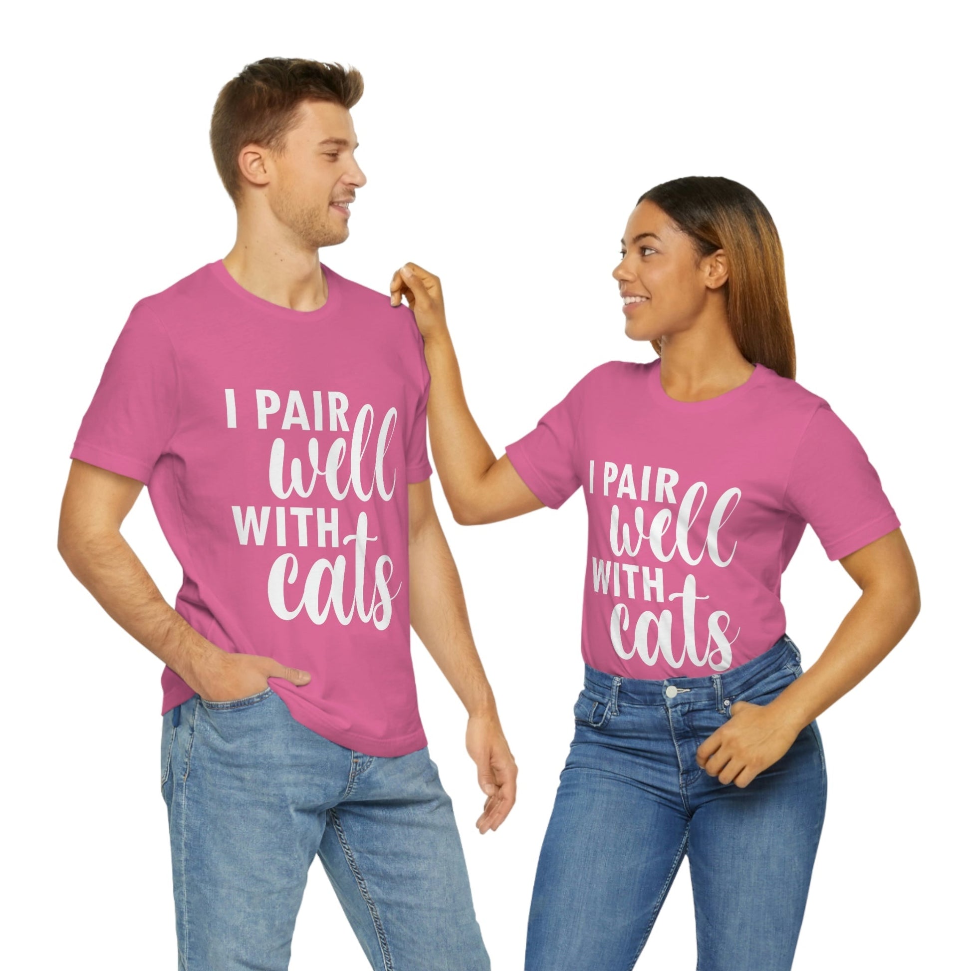 I Pair Well With Cats Funny Cat Meme Quotes White Text Unisex Jersey Short Sleeve T-Shirt Ichaku [Perfect Gifts Selection]