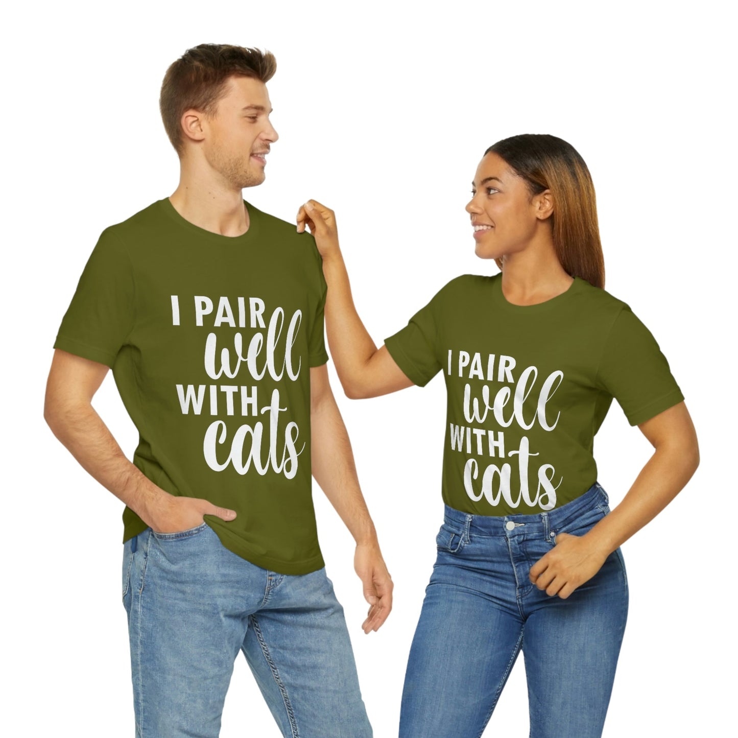 I Pair Well With Cats Funny Cat Meme Quotes White Text Unisex Jersey Short Sleeve T-Shirt Ichaku [Perfect Gifts Selection]