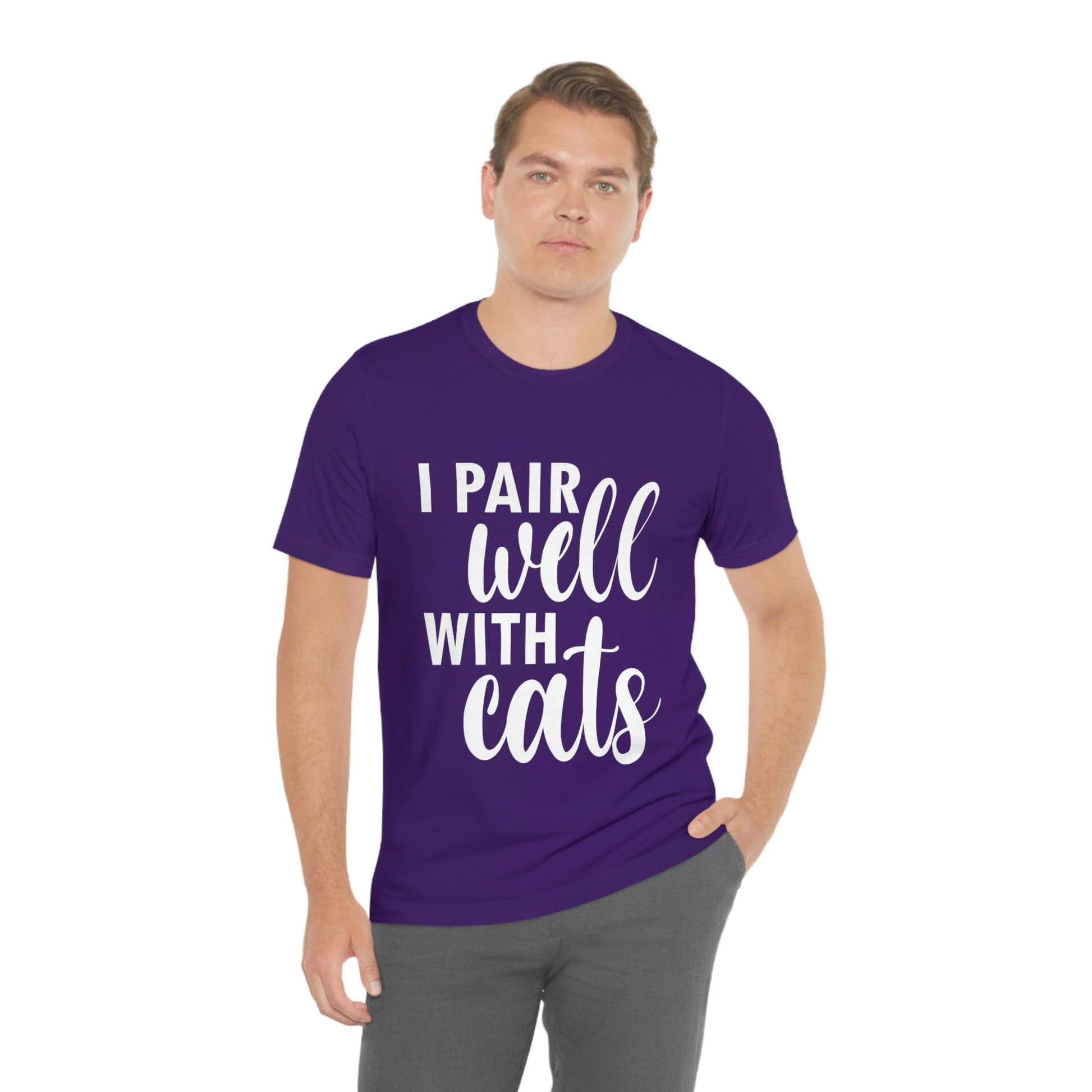 I Pair Well With Cats Funny Cat Meme Quotes White Text Unisex Jersey Short Sleeve T-Shirt Ichaku [Perfect Gifts Selection]