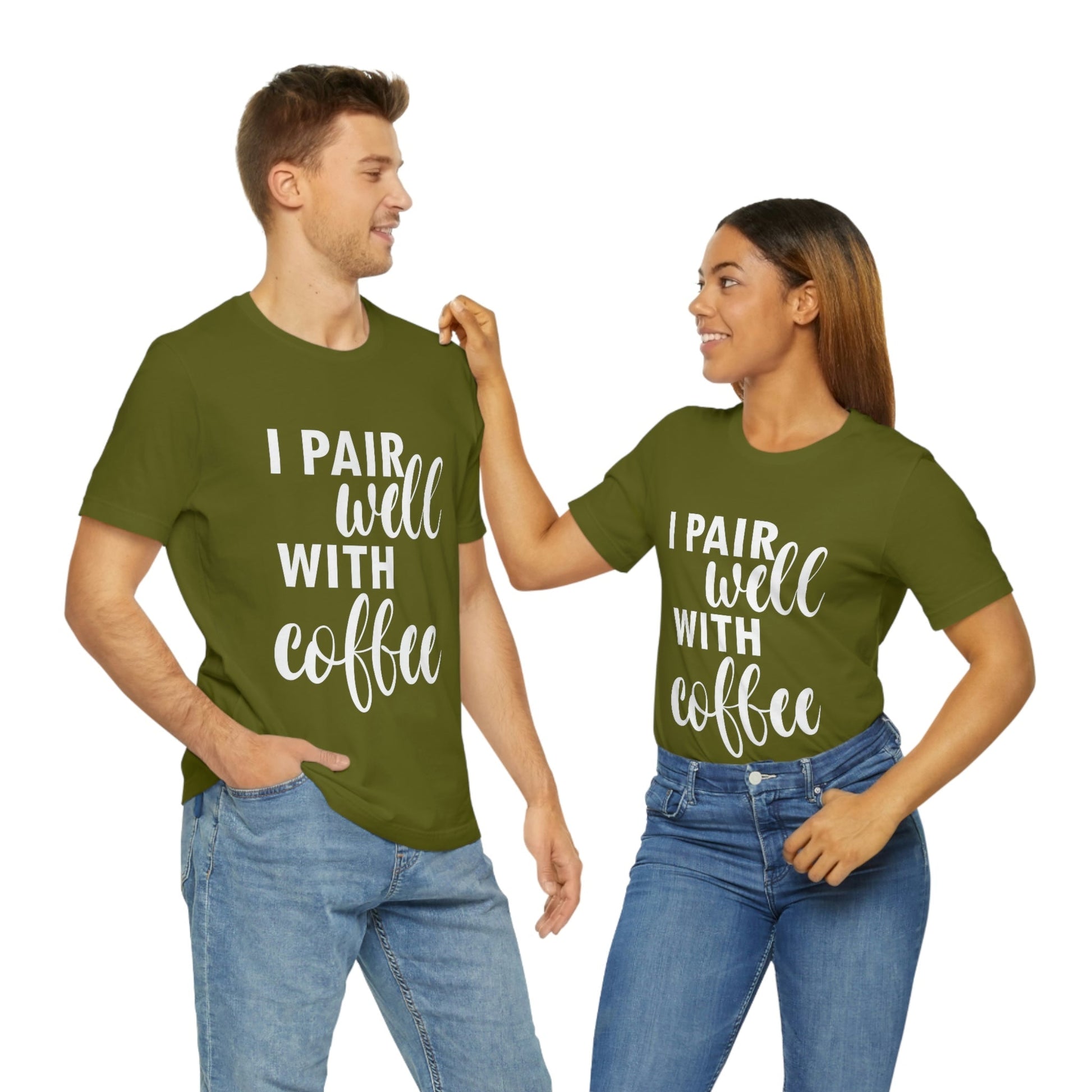 I Pair Well With Coffee Caffeine Lovers Quotes  White Text Unisex Jersey Short Sleeve T-Shirt Ichaku [Perfect Gifts Selection]