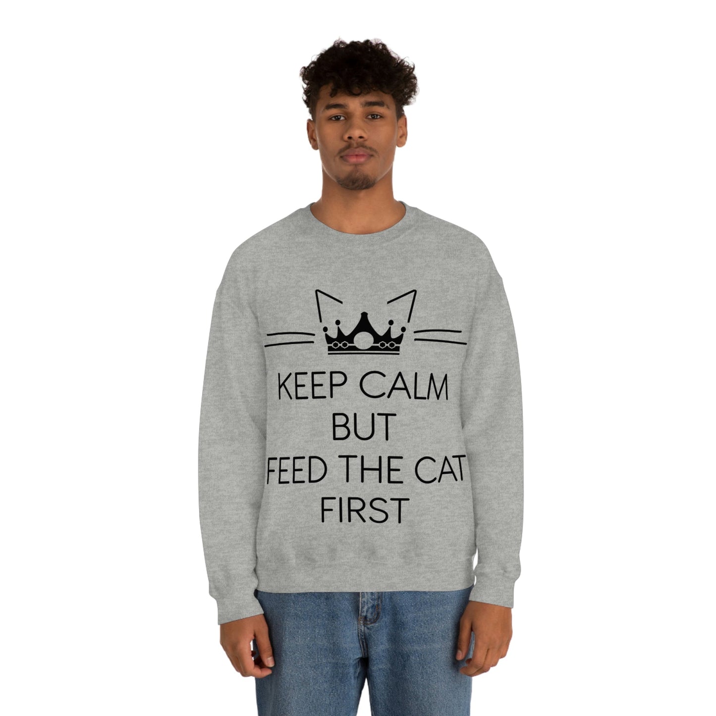 Keep Calm But Feed The Cat First Funny Cats Memes Unisex Heavy Blend™ Crewneck Sweatshirt Ichaku [Perfect Gifts Selection]