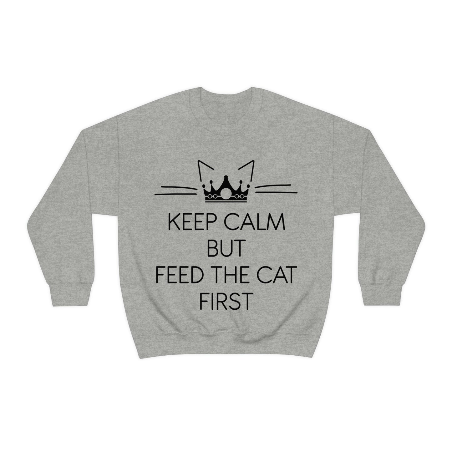 Keep Calm But Feed The Cat First Funny Cats Memes Unisex Heavy Blend™ Crewneck Sweatshirt Ichaku [Perfect Gifts Selection]