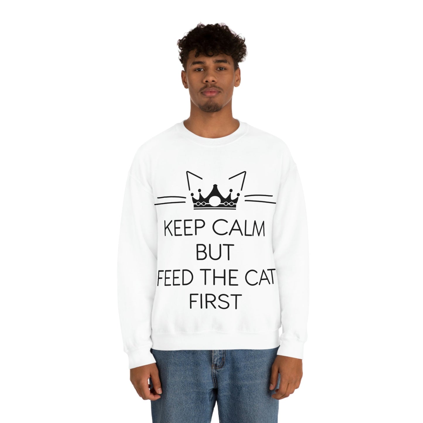 Keep Calm But Feed The Cat First Funny Cats Memes Unisex Heavy Blend™ Crewneck Sweatshirt Ichaku [Perfect Gifts Selection]