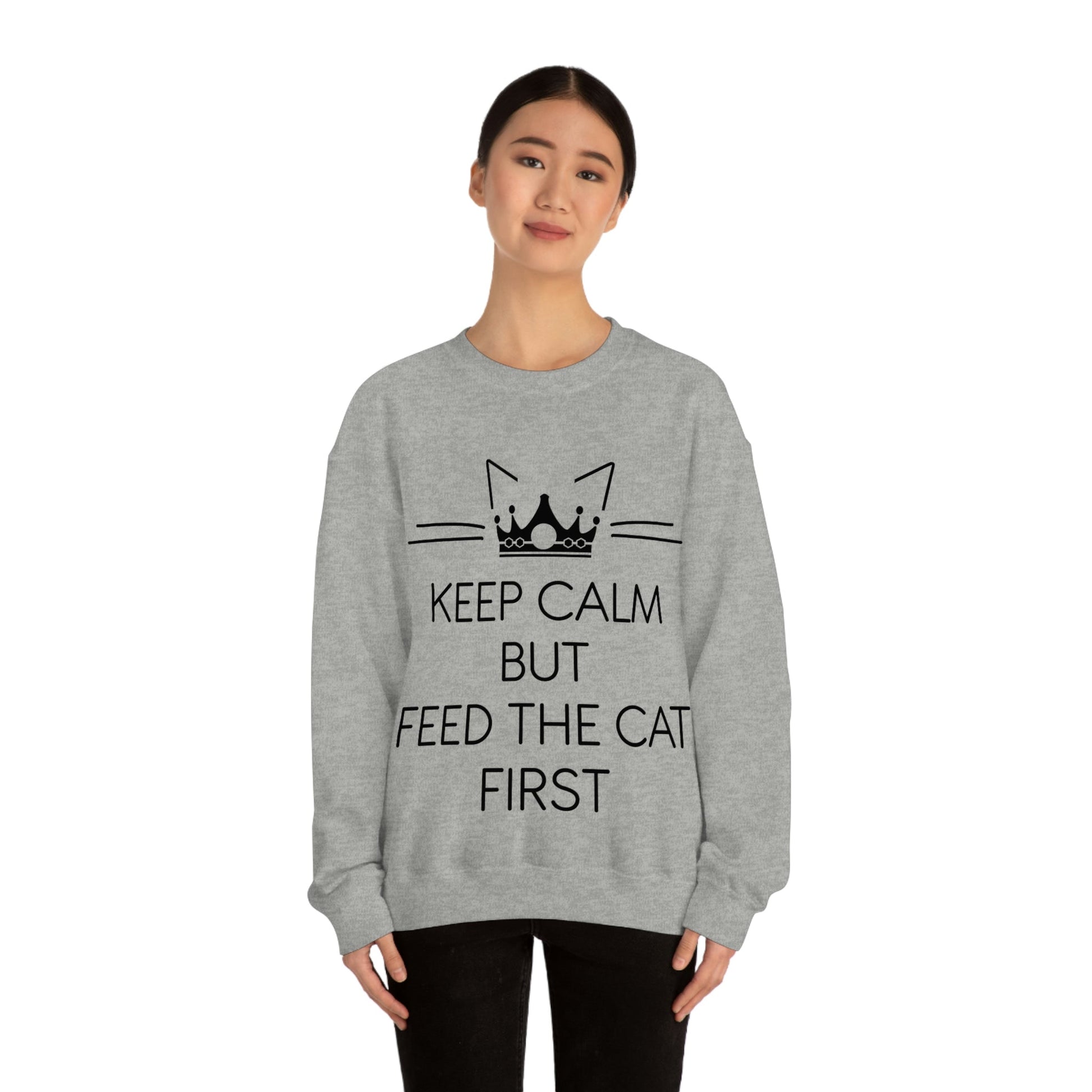 Keep Calm But Feed The Cat First Funny Cats Memes Unisex Heavy Blend™ Crewneck Sweatshirt Ichaku [Perfect Gifts Selection]