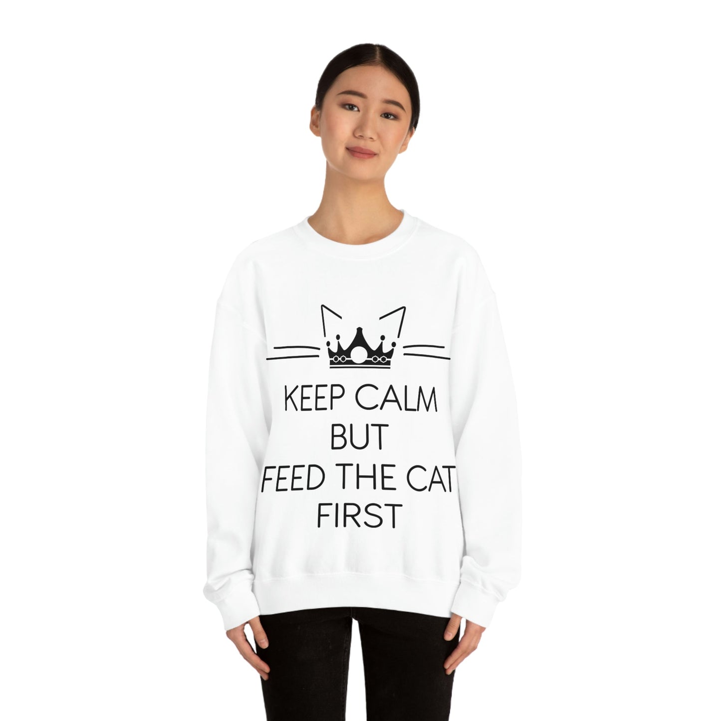 Keep Calm But Feed The Cat First Funny Cats Memes Unisex Heavy Blend™ Crewneck Sweatshirt Ichaku [Perfect Gifts Selection]