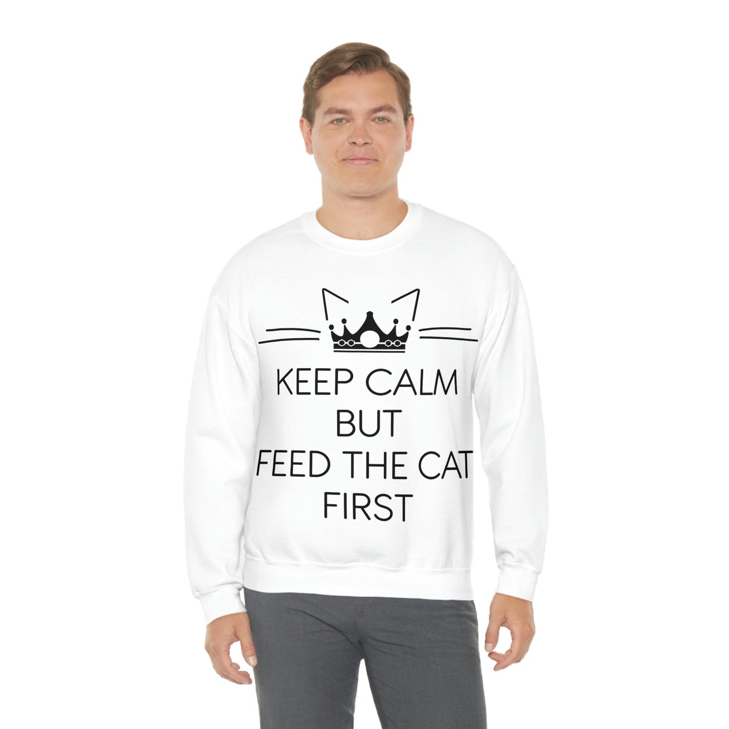 Keep Calm But Feed The Cat First Funny Cats Memes Unisex Heavy Blend™ Crewneck Sweatshirt Ichaku [Perfect Gifts Selection]