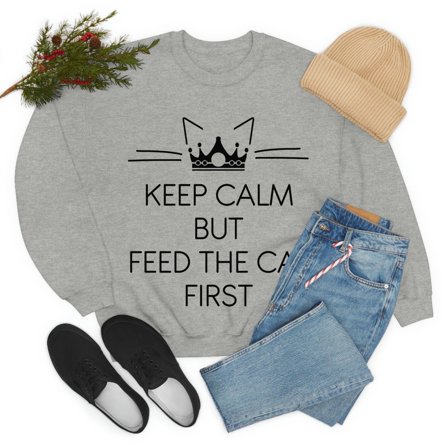 Keep Calm But Feed The Cat First Funny Cats Memes Unisex Heavy Blend™ Crewneck Sweatshirt Ichaku [Perfect Gifts Selection]