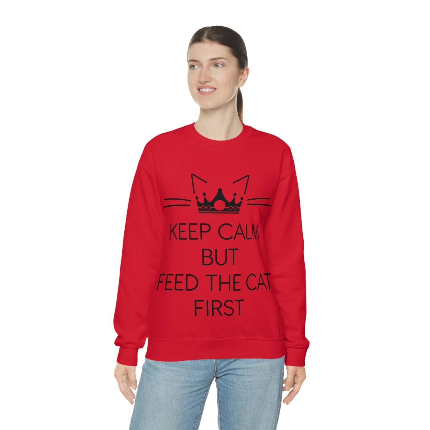 Keep Calm But Feed The Cat First Funny Cats Memes Unisex Heavy Blend™ Crewneck Sweatshirt Ichaku [Perfect Gifts Selection]