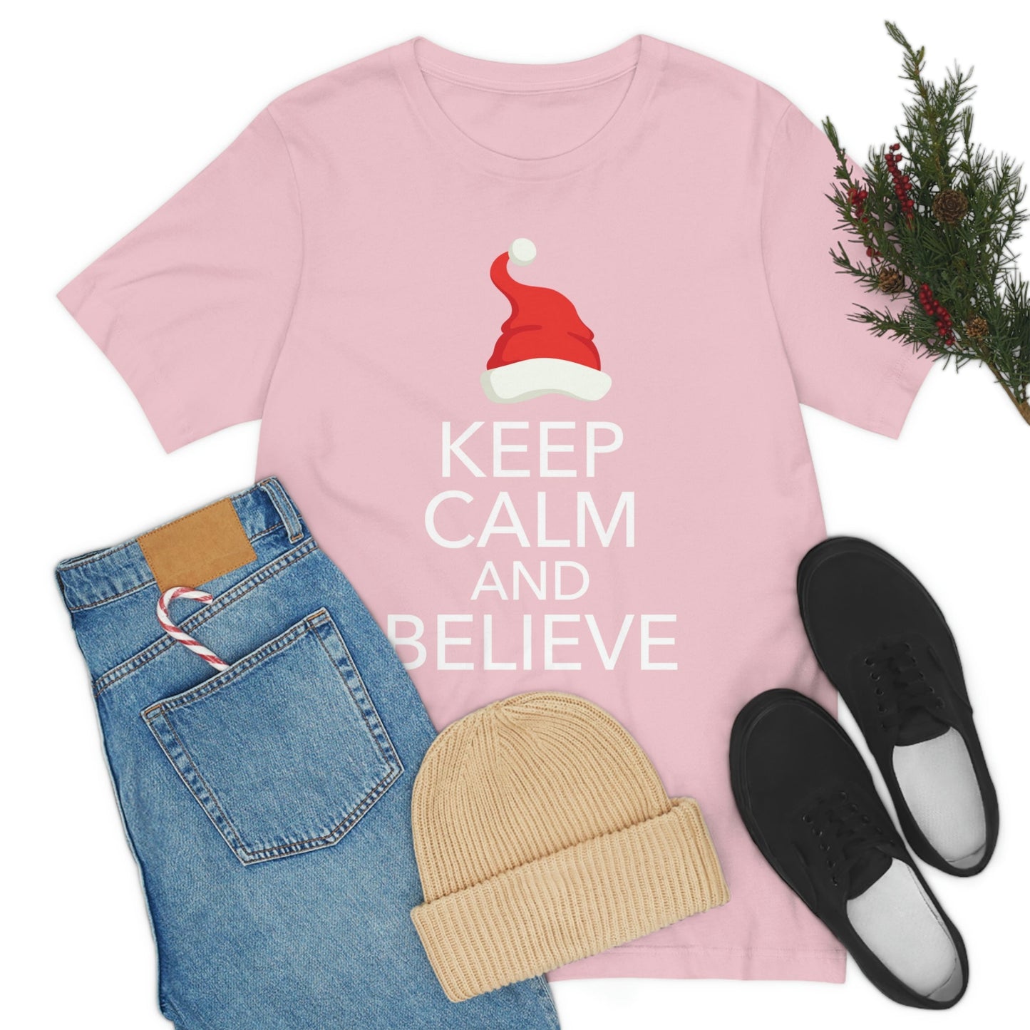 Keep Calm and Believe in Santa Funny Christmas Quotes Unisex Jersey Short Sleeve T-Shirt Ichaku [Perfect Gifts Selection]