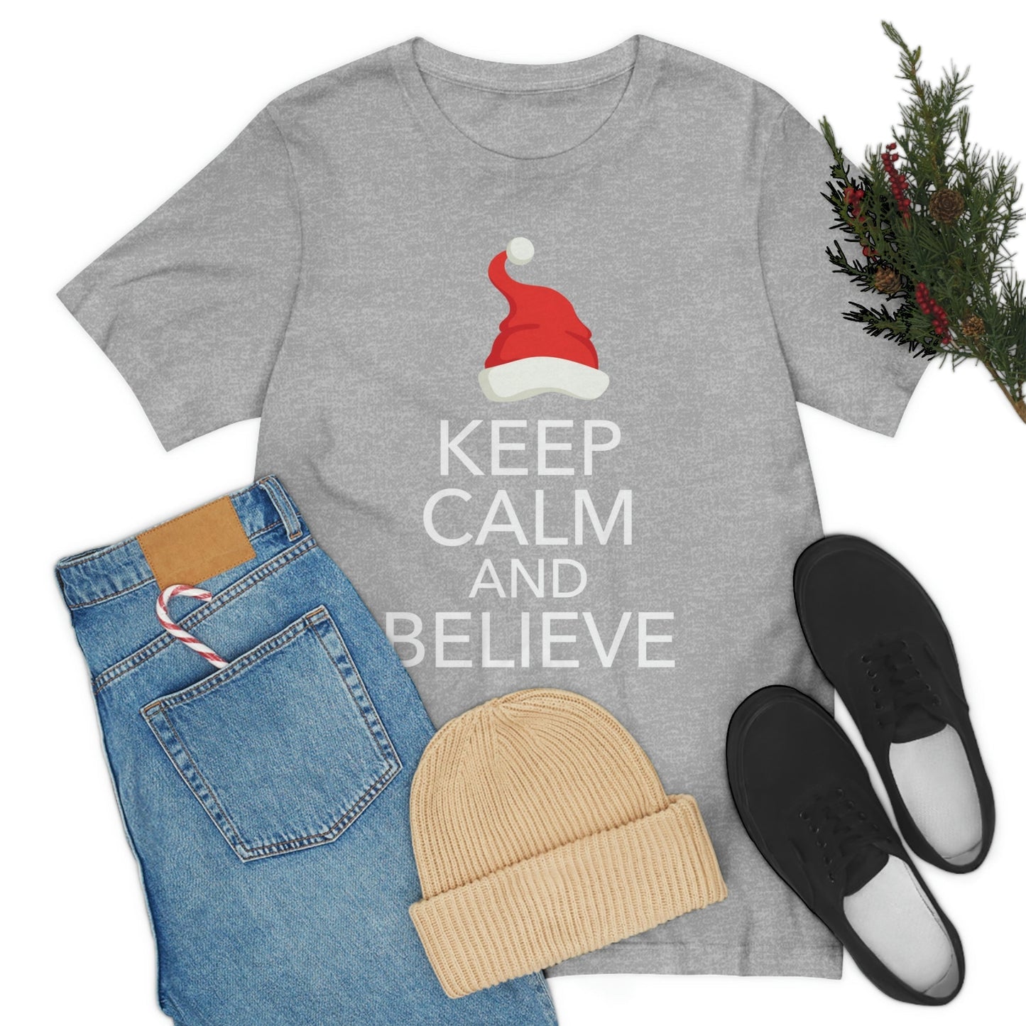 Keep Calm and Believe in Santa Funny Christmas Quotes Unisex Jersey Short Sleeve T-Shirt Ichaku [Perfect Gifts Selection]