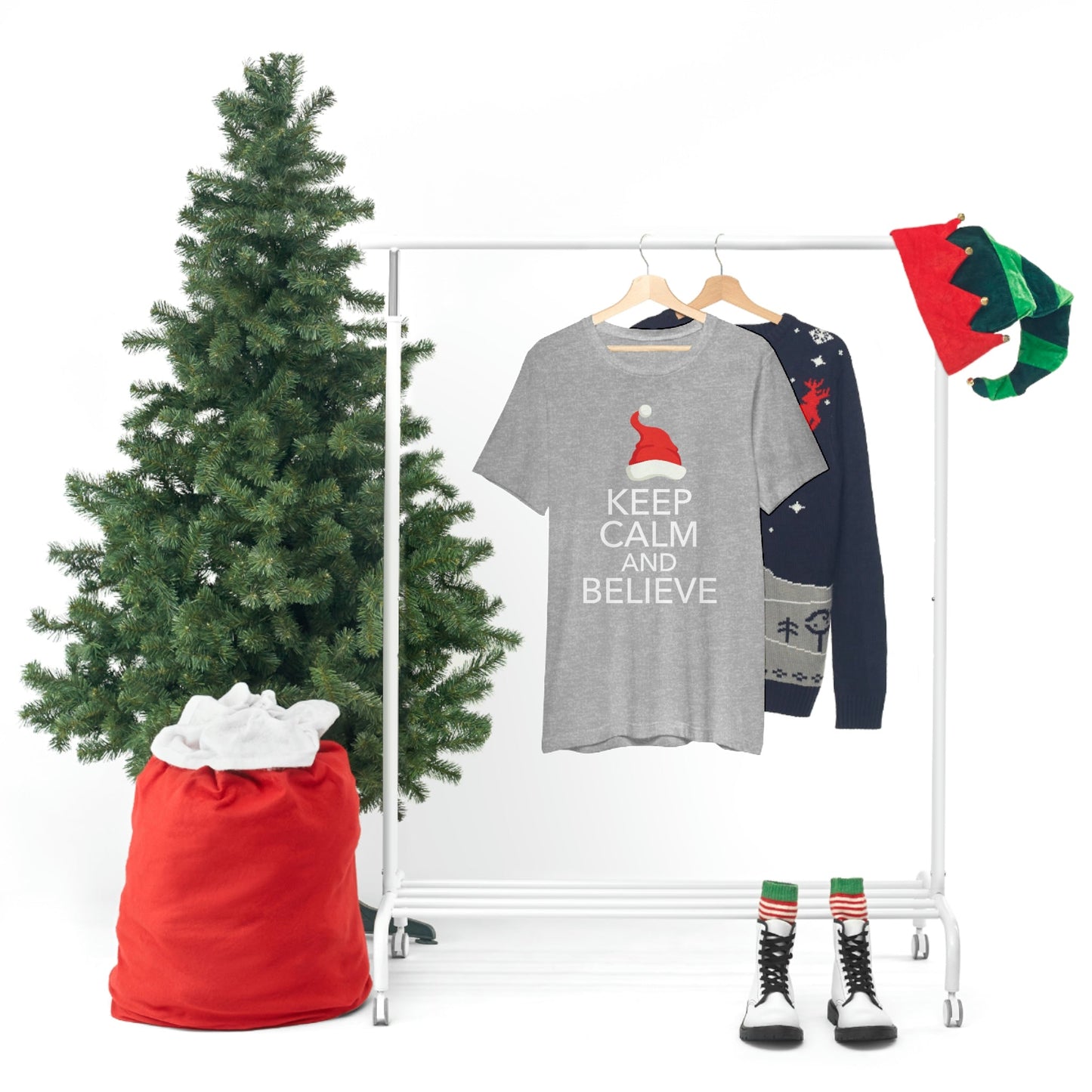 Keep Calm and Believe in Santa Funny Christmas Quotes Unisex Jersey Short Sleeve T-Shirt Ichaku [Perfect Gifts Selection]