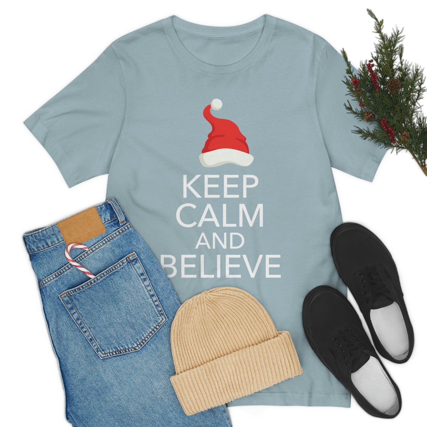 Keep Calm and Believe in Santa Funny Christmas Quotes Unisex Jersey Short Sleeve T-Shirt Ichaku [Perfect Gifts Selection]