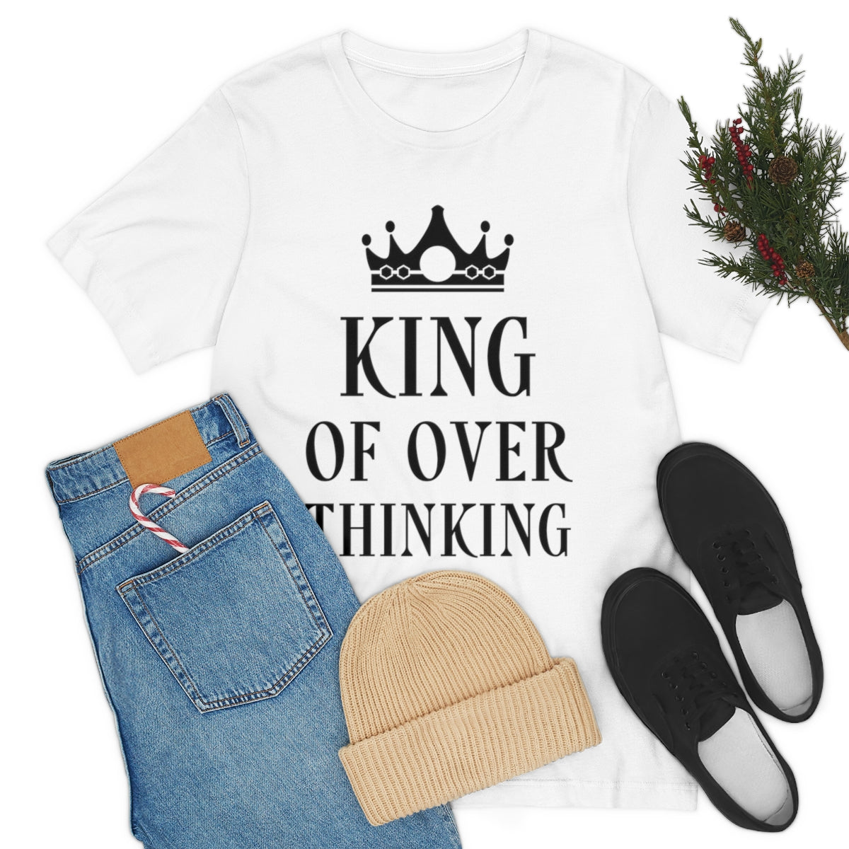 King of Overthinking Empowering Quotes Black Text Unisex Jersey Short Sleeve T-Shirt Ichaku [Perfect Gifts Selection]