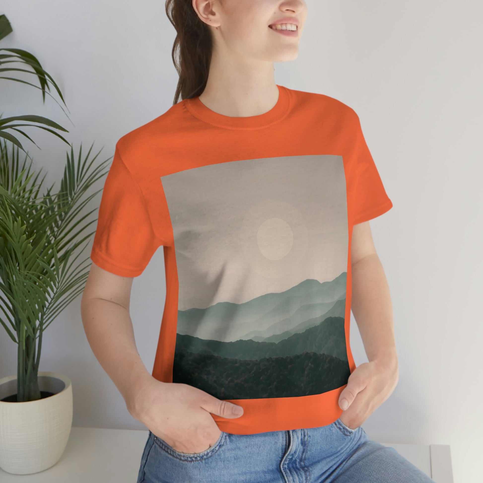 Landscape Foggy Forest Mountains Nature Modern Art Aesthetics Unisex Jersey Short Sleeve T-Shirt Ichaku [Perfect Gifts Selection]