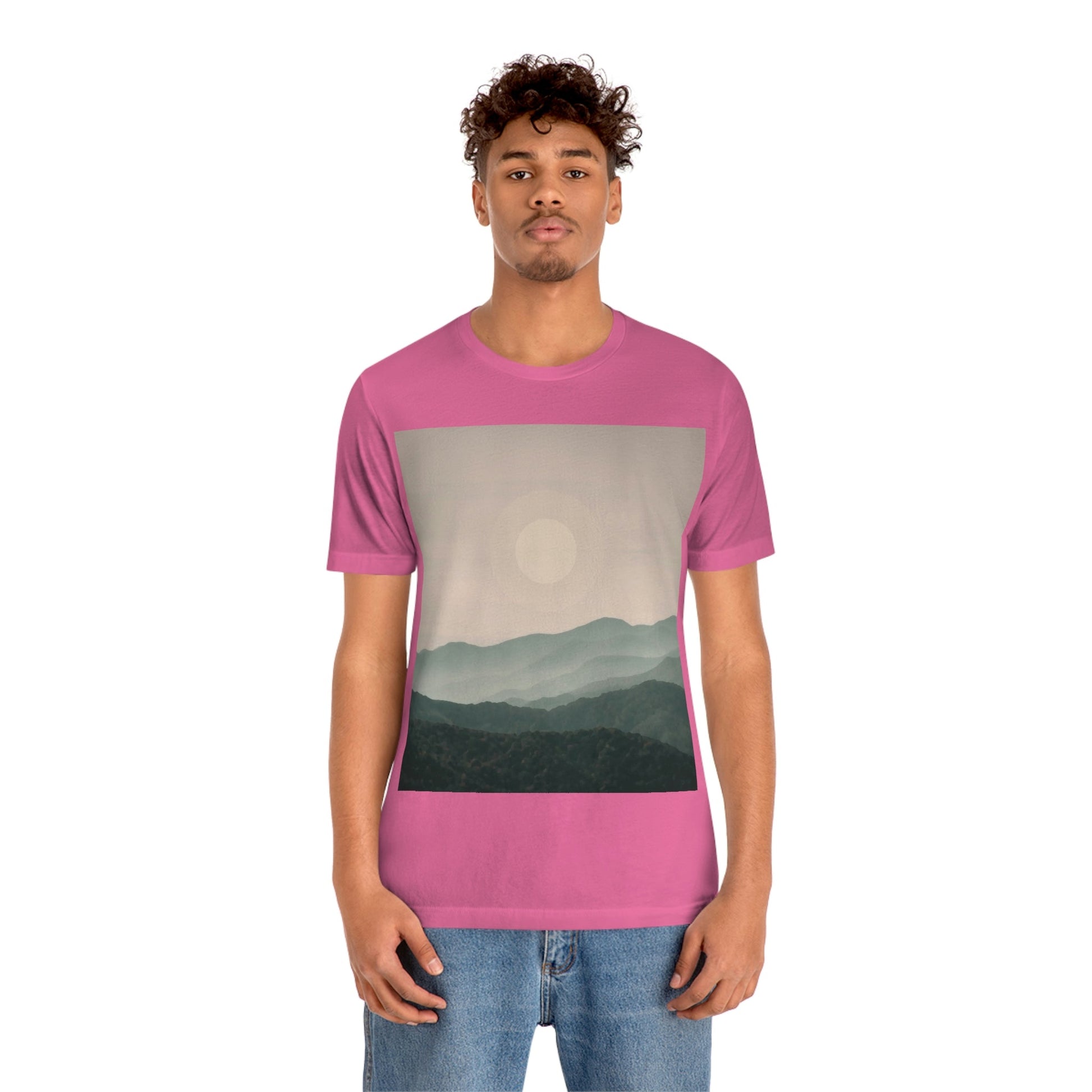 Landscape Foggy Forest Mountains Nature Modern Art Aesthetics Unisex Jersey Short Sleeve T-Shirt Ichaku [Perfect Gifts Selection]