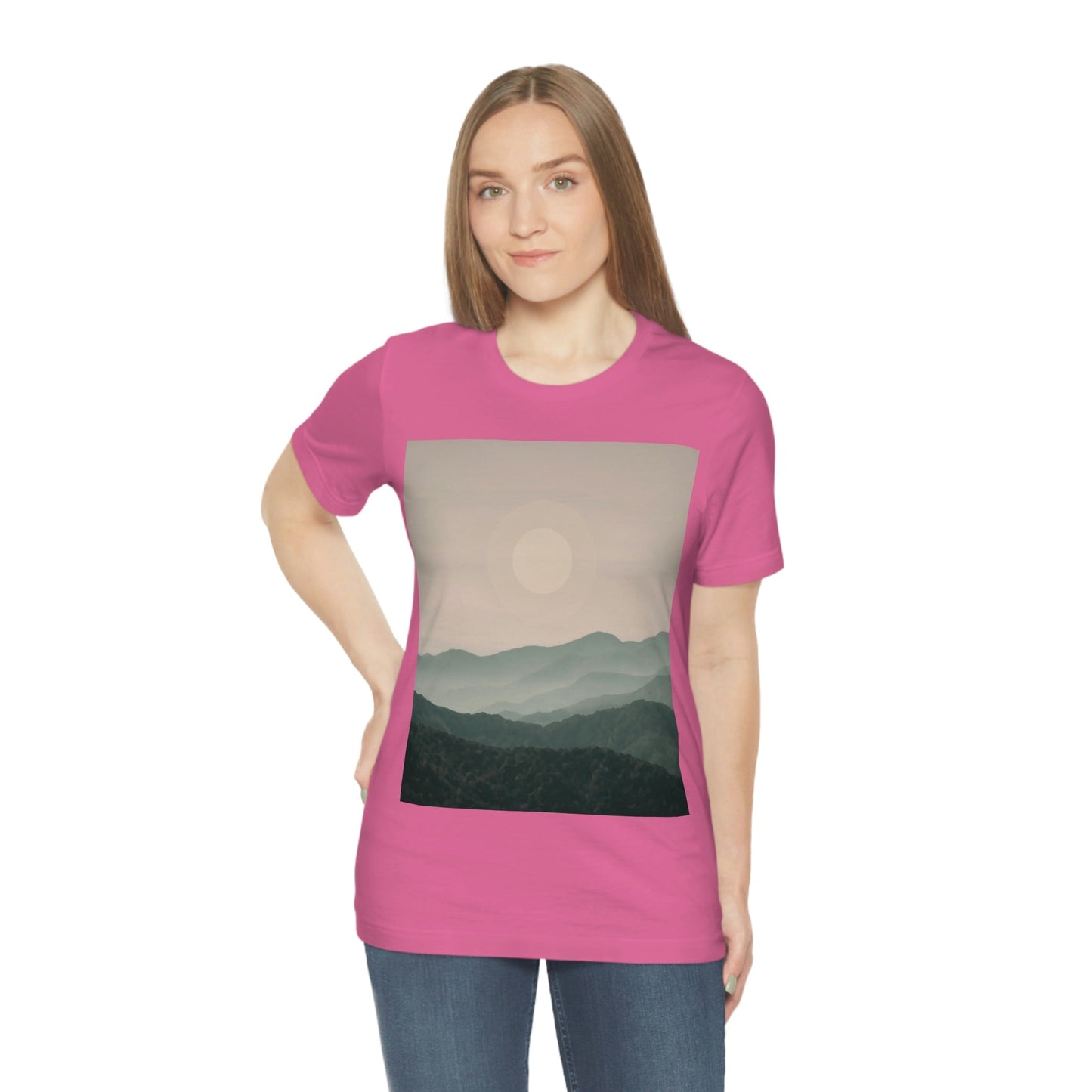 Landscape Foggy Forest Mountains Nature Modern Art Aesthetics Unisex Jersey Short Sleeve T-Shirt Ichaku [Perfect Gifts Selection]