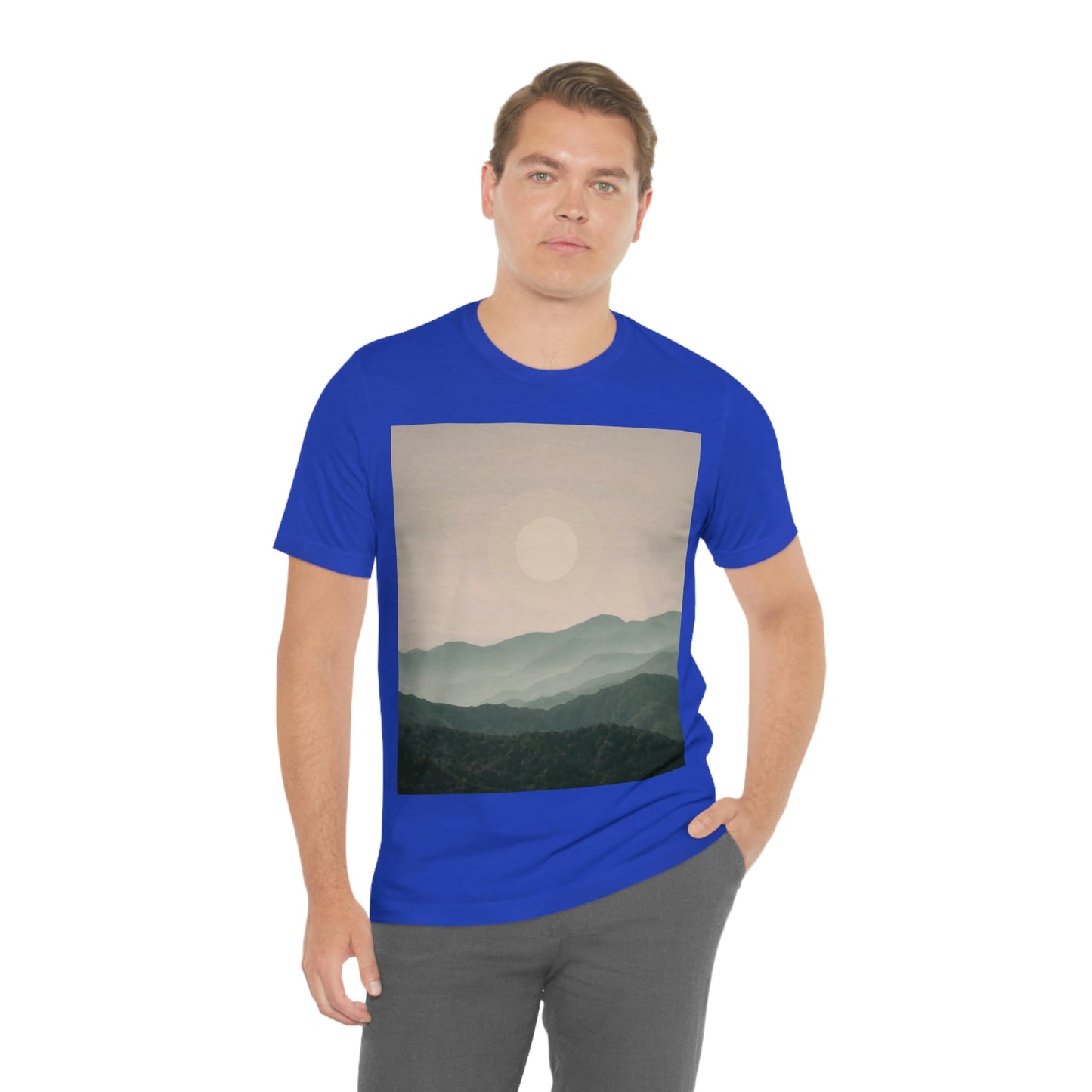 Landscape Foggy Forest Mountains Nature Modern Art Aesthetics Unisex Jersey Short Sleeve T-Shirt Ichaku [Perfect Gifts Selection]