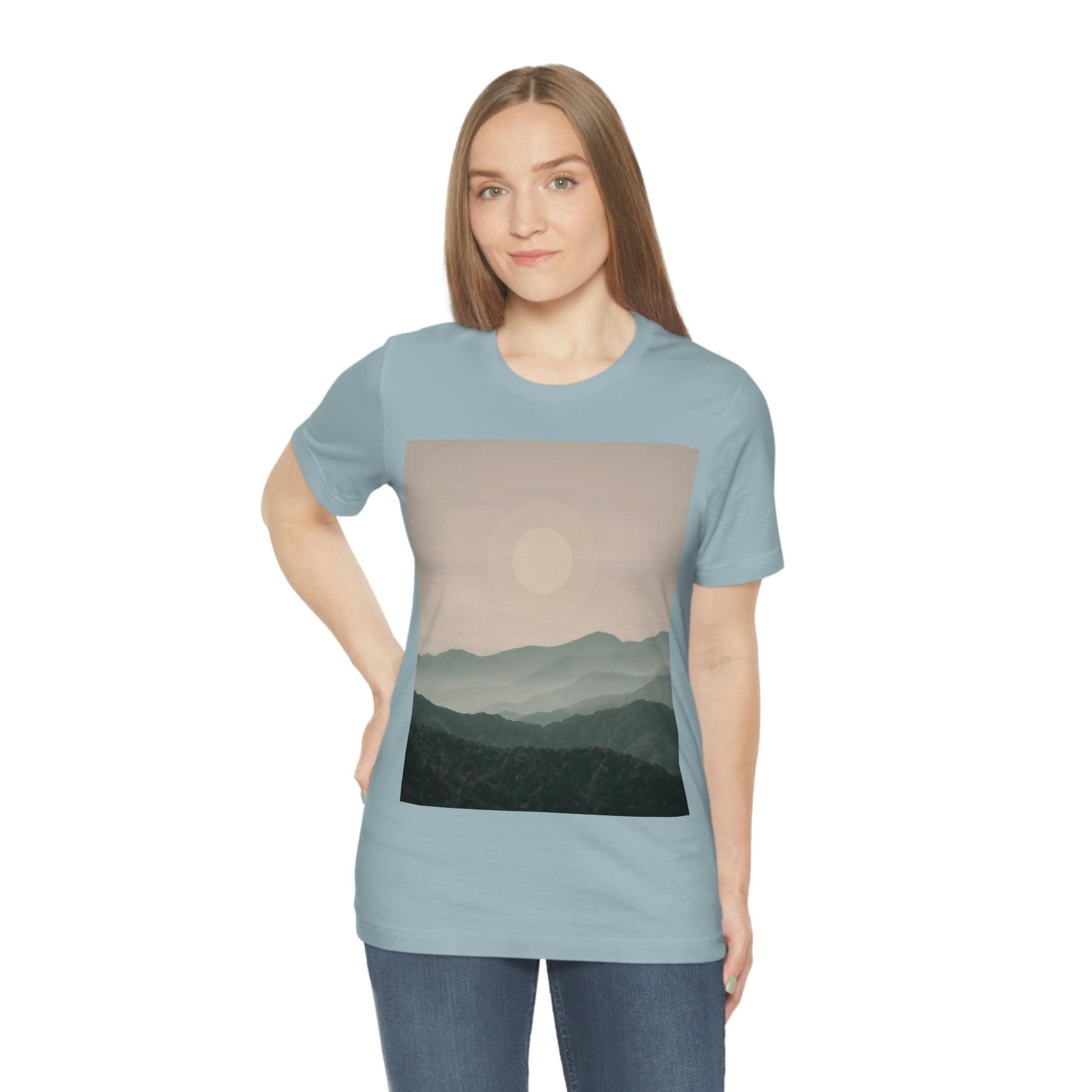 Landscape Foggy Forest Mountains Nature Modern Art Aesthetics Unisex Jersey Short Sleeve T-Shirt Ichaku [Perfect Gifts Selection]