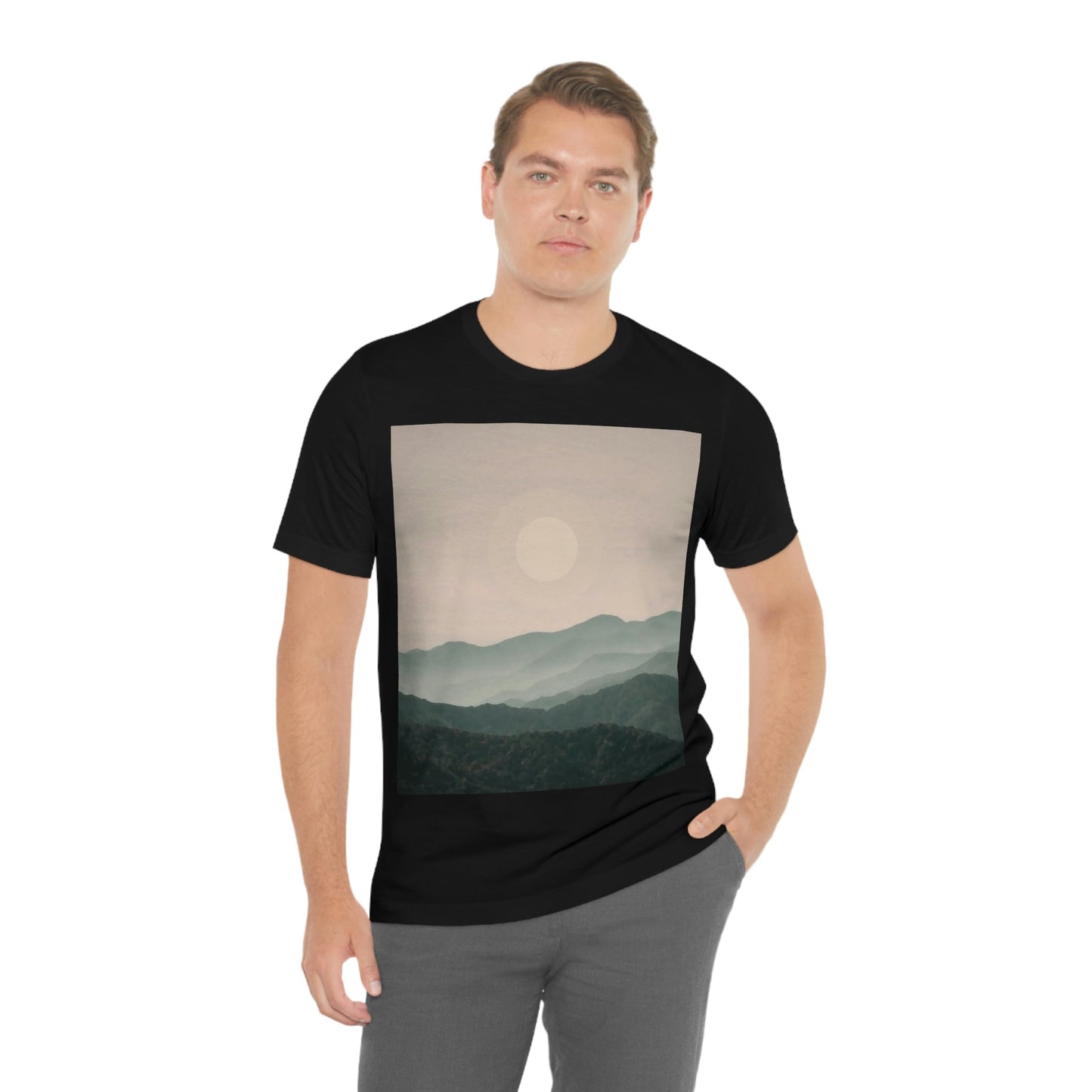 Landscape Foggy Forest Mountains Nature Modern Art Aesthetics Unisex Jersey Short Sleeve T-Shirt Ichaku [Perfect Gifts Selection]