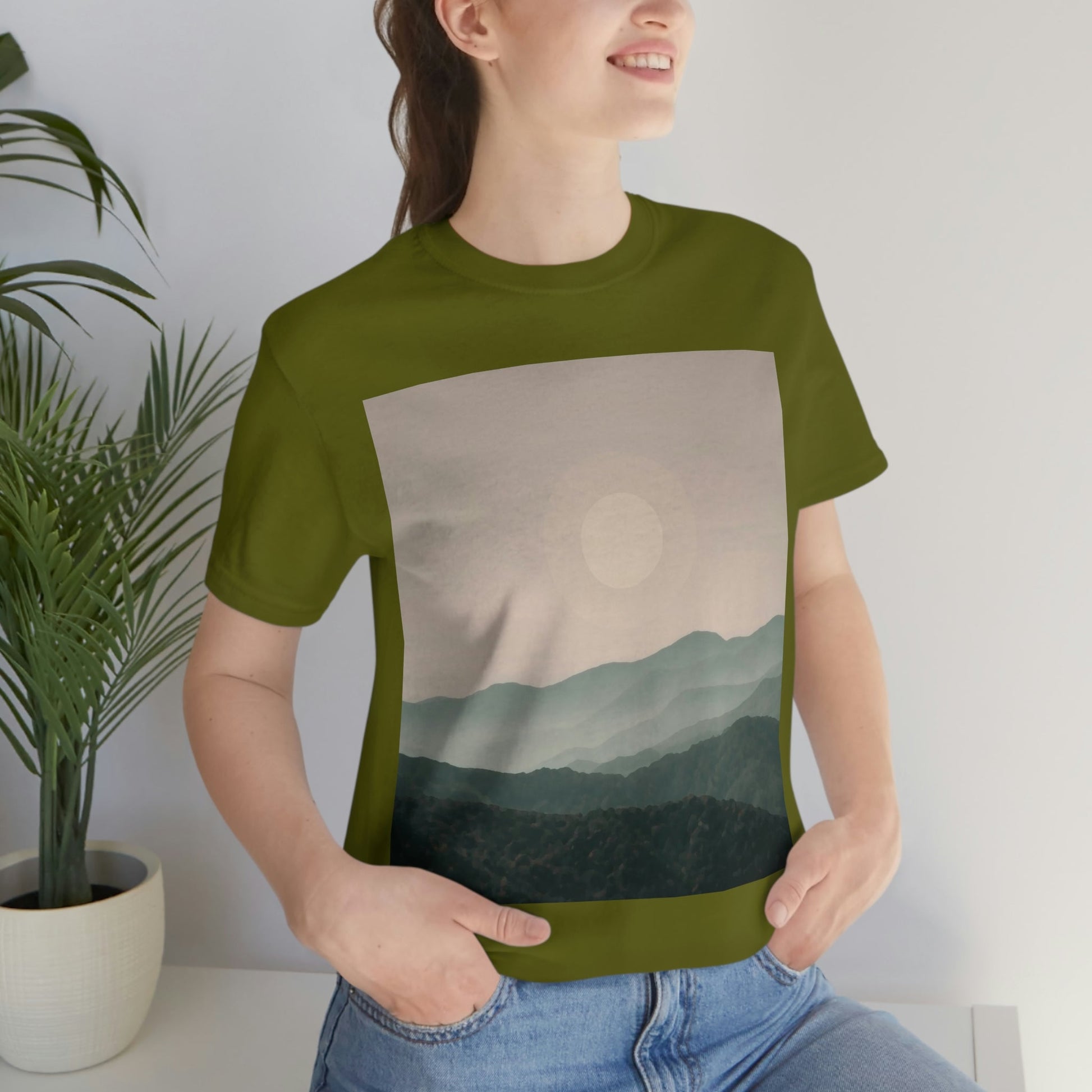 Landscape Foggy Forest Mountains Nature Modern Art Aesthetics Unisex Jersey Short Sleeve T-Shirt Ichaku [Perfect Gifts Selection]