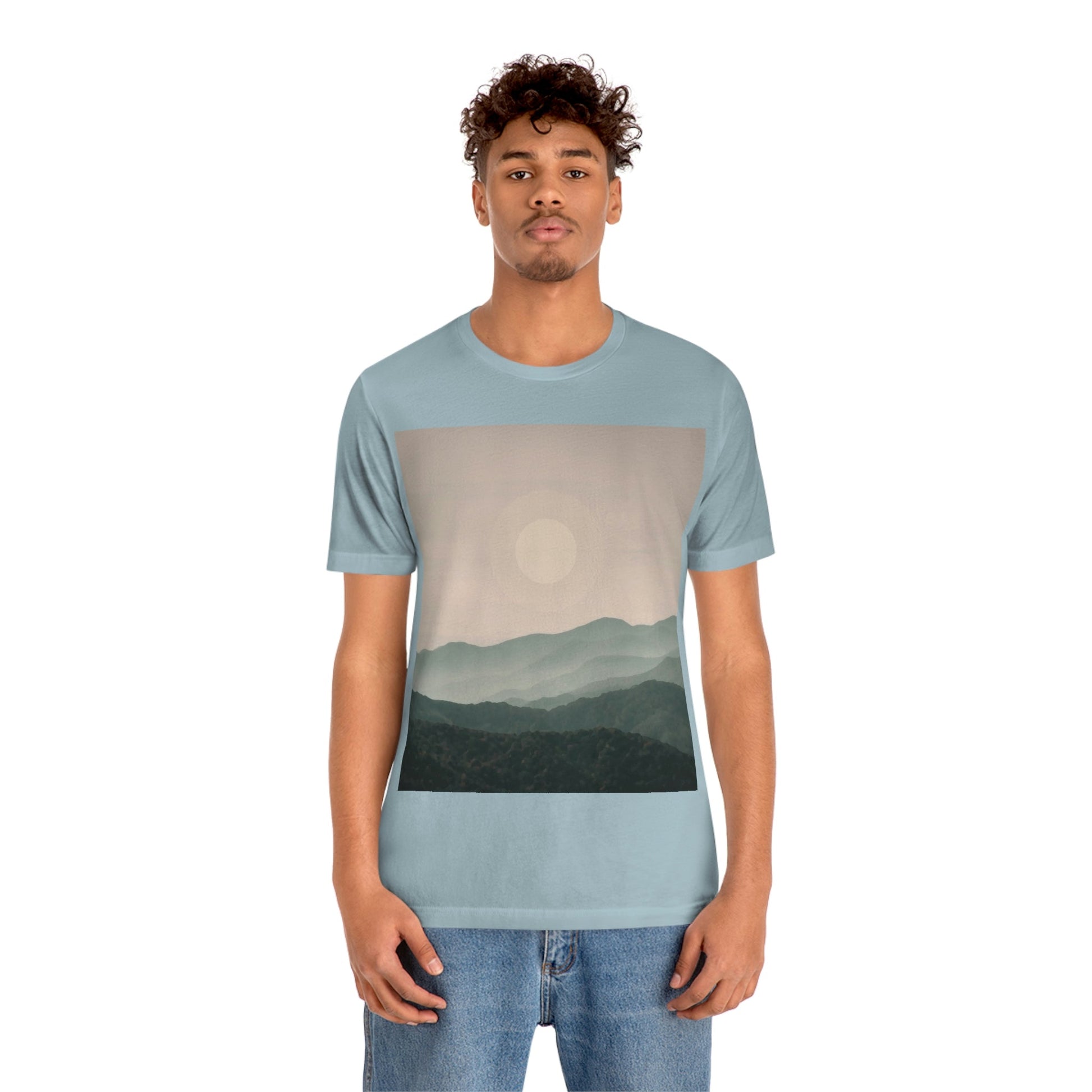 Landscape Foggy Forest Mountains Nature Modern Art Aesthetics Unisex Jersey Short Sleeve T-Shirt Ichaku [Perfect Gifts Selection]