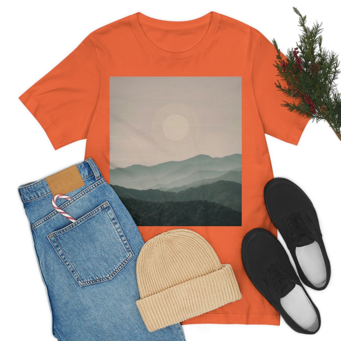 Landscape Foggy Forest Mountains Nature Modern Art Aesthetics Unisex Jersey Short Sleeve T-Shirt Ichaku [Perfect Gifts Selection]