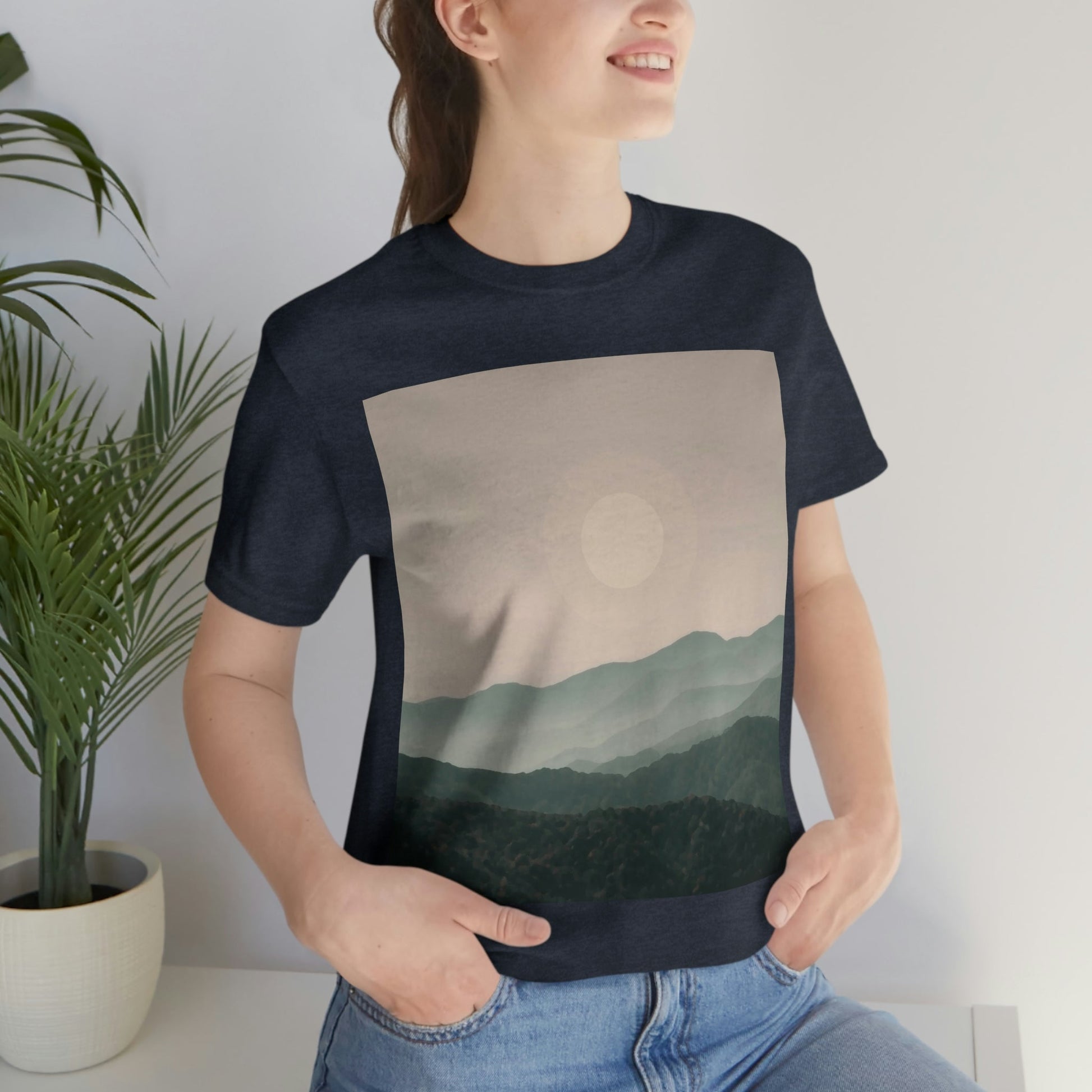 Landscape Foggy Forest Mountains Nature Modern Art Aesthetics Unisex Jersey Short Sleeve T-Shirt Ichaku [Perfect Gifts Selection]