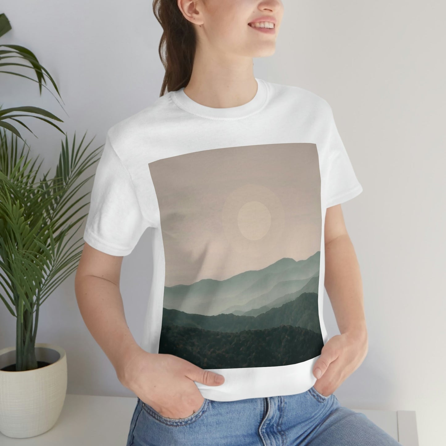 Landscape Foggy Forest Mountains Nature Modern Art Aesthetics Unisex Jersey Short Sleeve T-Shirt Ichaku [Perfect Gifts Selection]