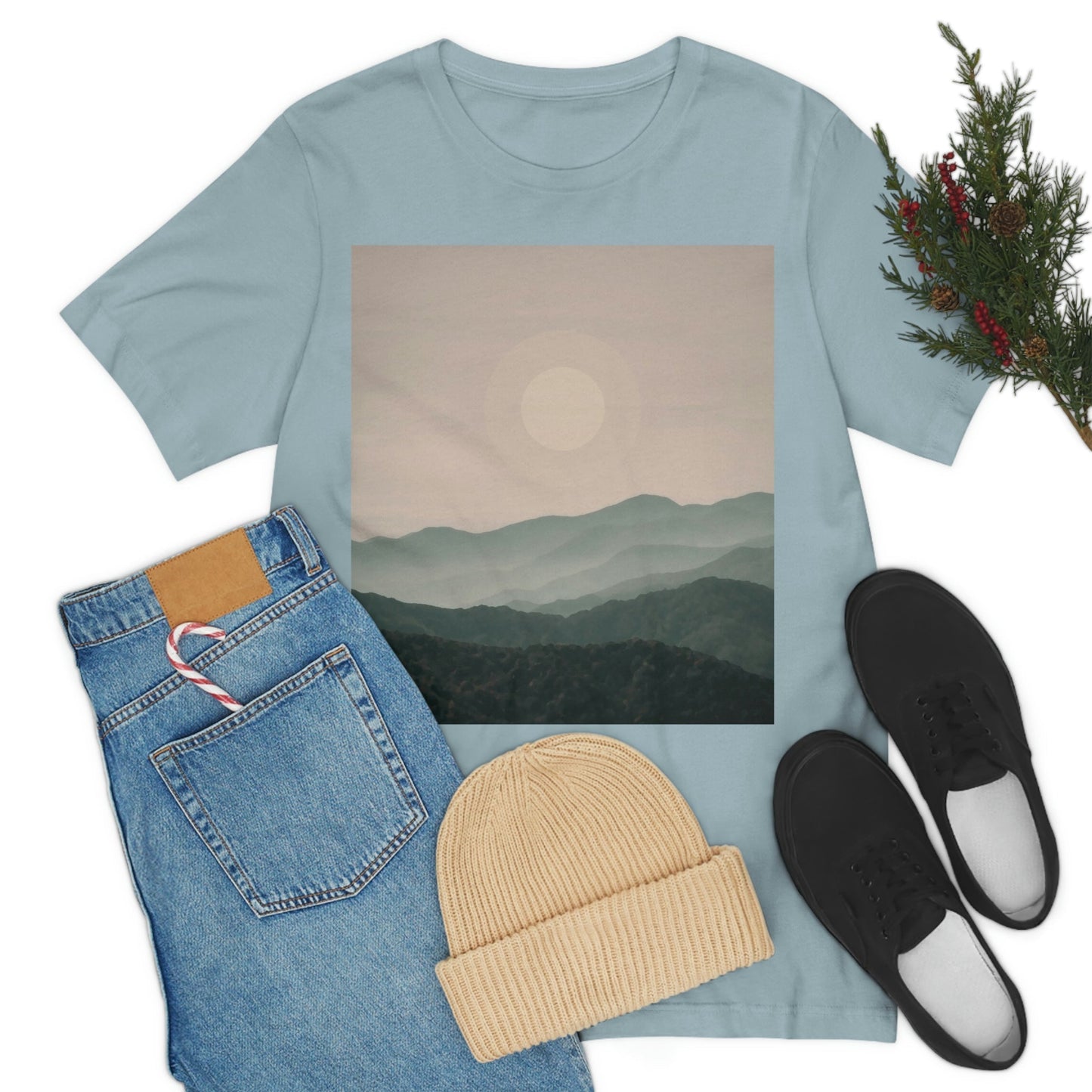 Landscape Foggy Forest Mountains Nature Modern Art Aesthetics Unisex Jersey Short Sleeve T-Shirt Ichaku [Perfect Gifts Selection]