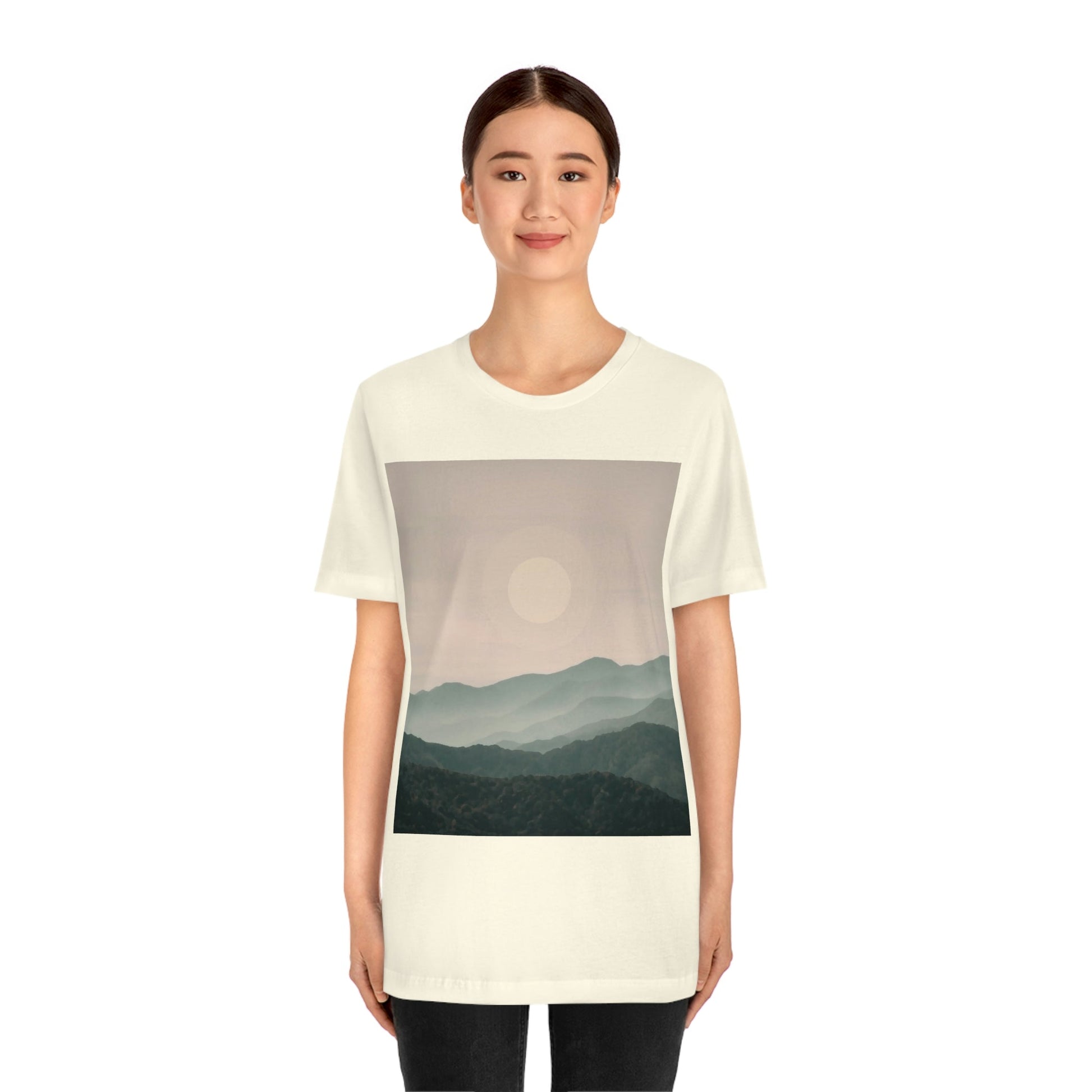 Landscape Foggy Forest Mountains Nature Modern Art Aesthetics Unisex Jersey Short Sleeve T-Shirt Ichaku [Perfect Gifts Selection]