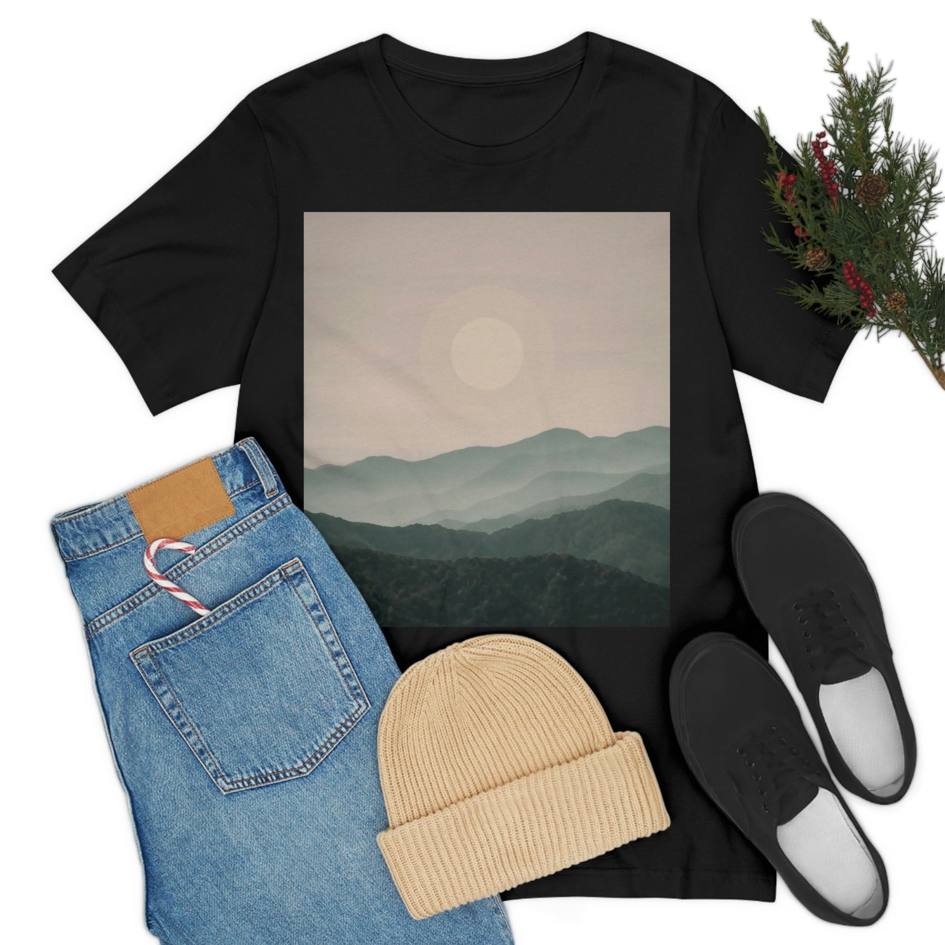 Landscape Foggy Forest Mountains Nature Modern Art Aesthetics Unisex Jersey Short Sleeve T-Shirt Ichaku [Perfect Gifts Selection]