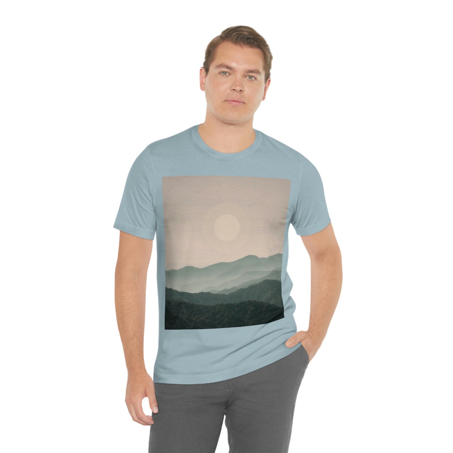 Landscape Foggy Forest Mountains Nature Modern Art Aesthetics Unisex Jersey Short Sleeve T-Shirt Ichaku [Perfect Gifts Selection]