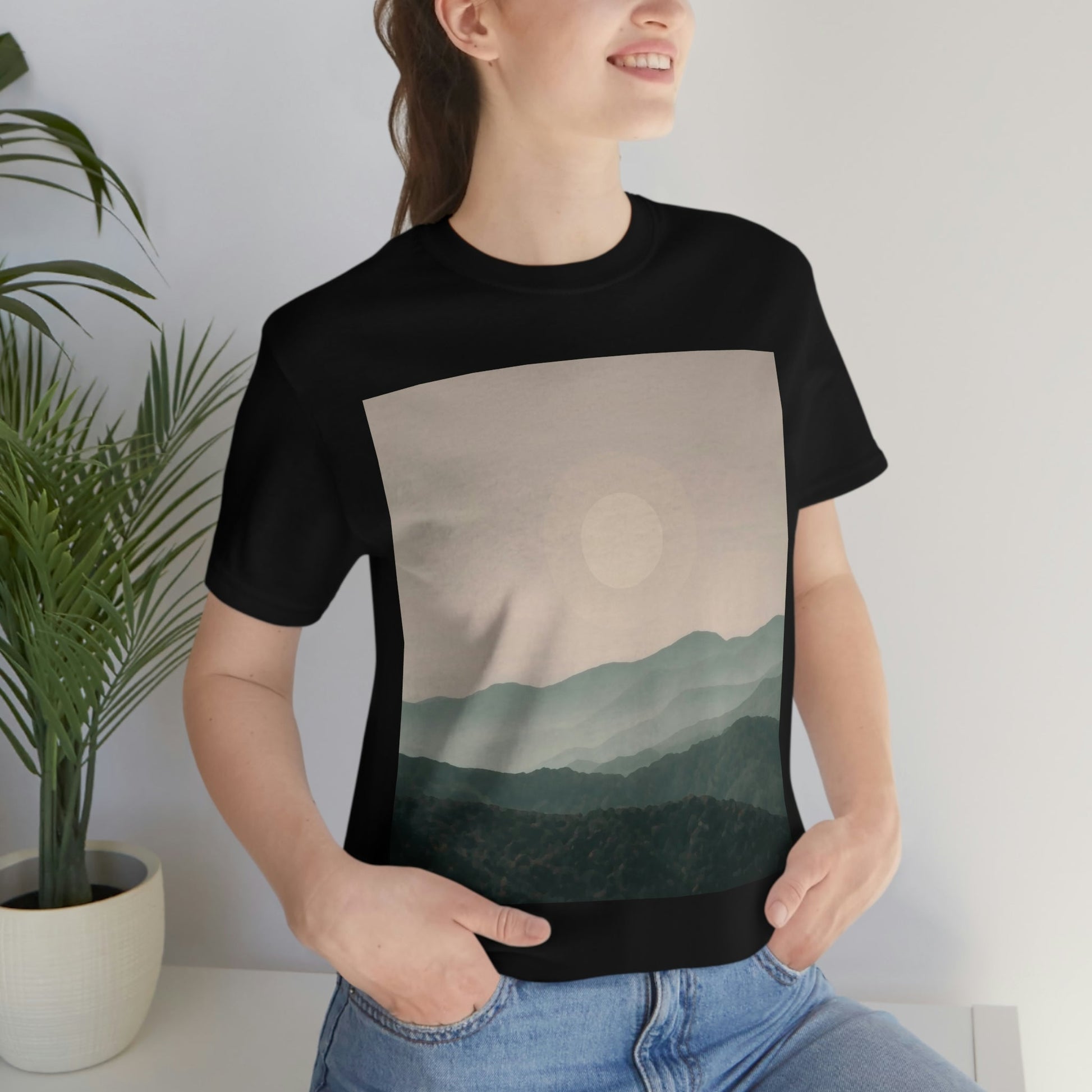 Landscape Foggy Forest Mountains Nature Modern Art Aesthetics Unisex Jersey Short Sleeve T-Shirt Ichaku [Perfect Gifts Selection]